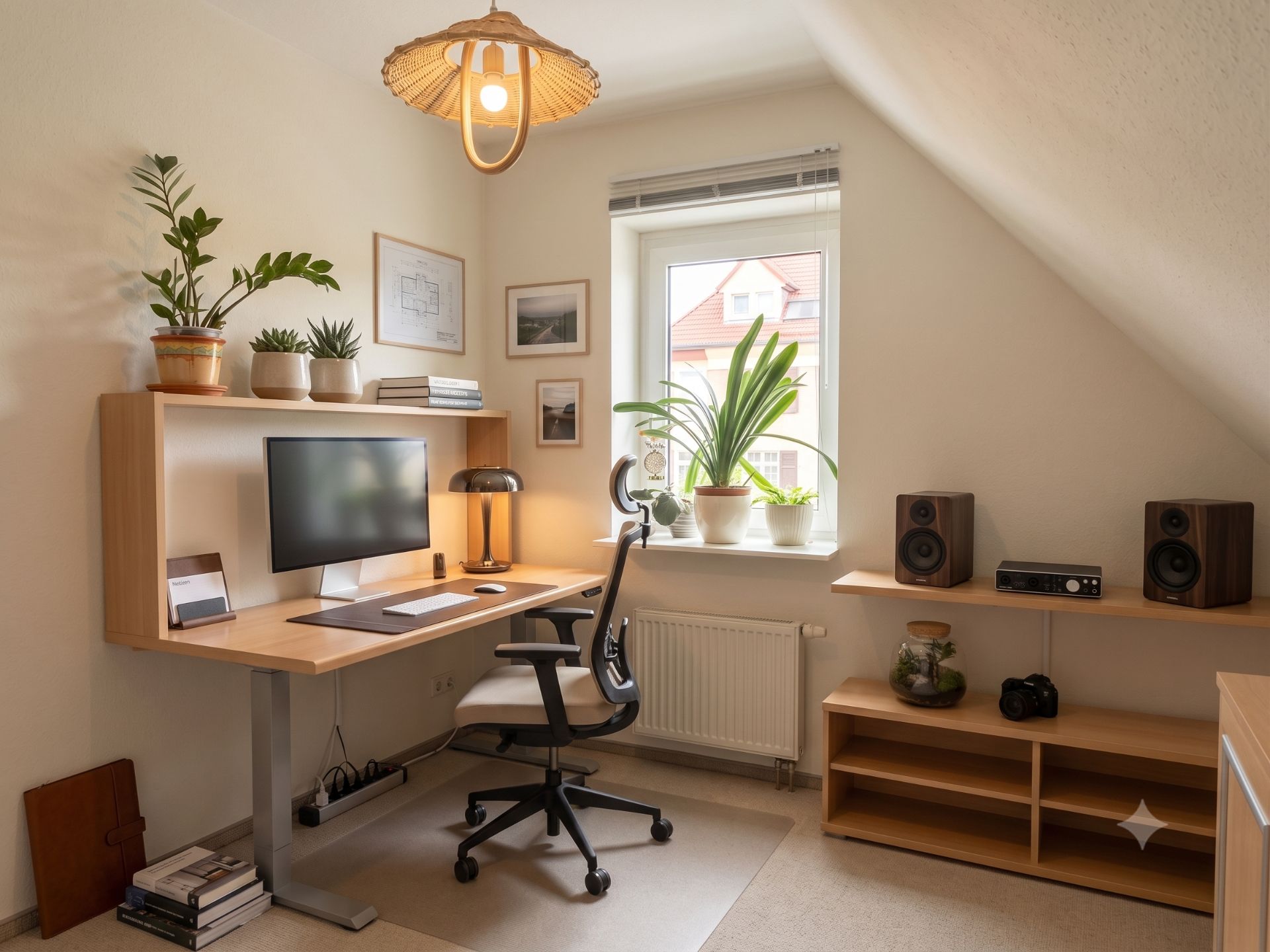 Modernes Homeoffice mit Schreibtisch, Monitor, Stuhl, Pflanzen und großem Fenster.