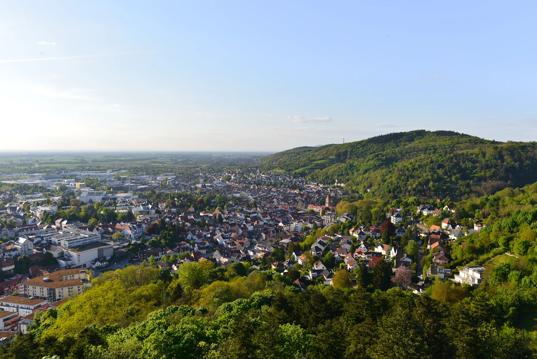 Stadtansicht mit vielen Häusern, grünen Bäumen und einem bewaldeten Hügel im Hintergrund.