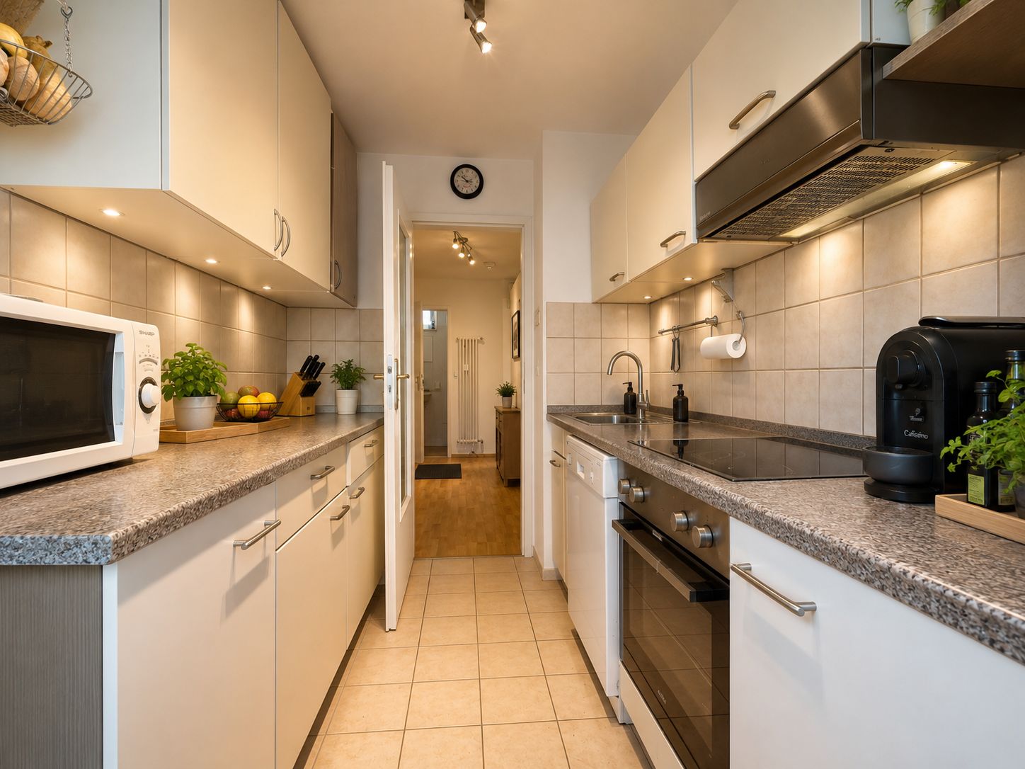 Moderne Küche mit weißen Schränken, Elektrogeräten und Fliesenboden in einer Wohnung.