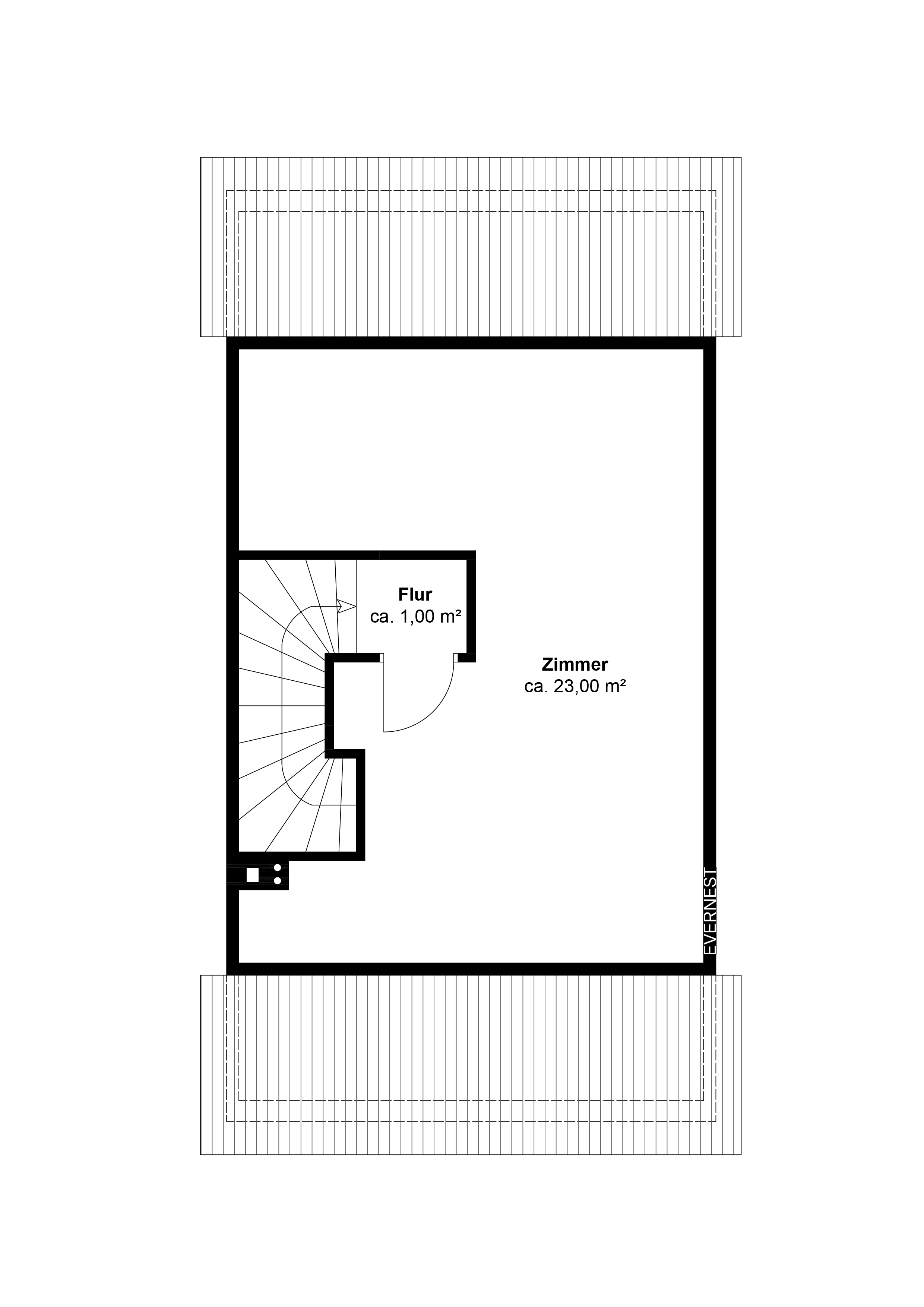 Grundriss mit Flur und großem Zimmer, Treppe auf der linken Seite.