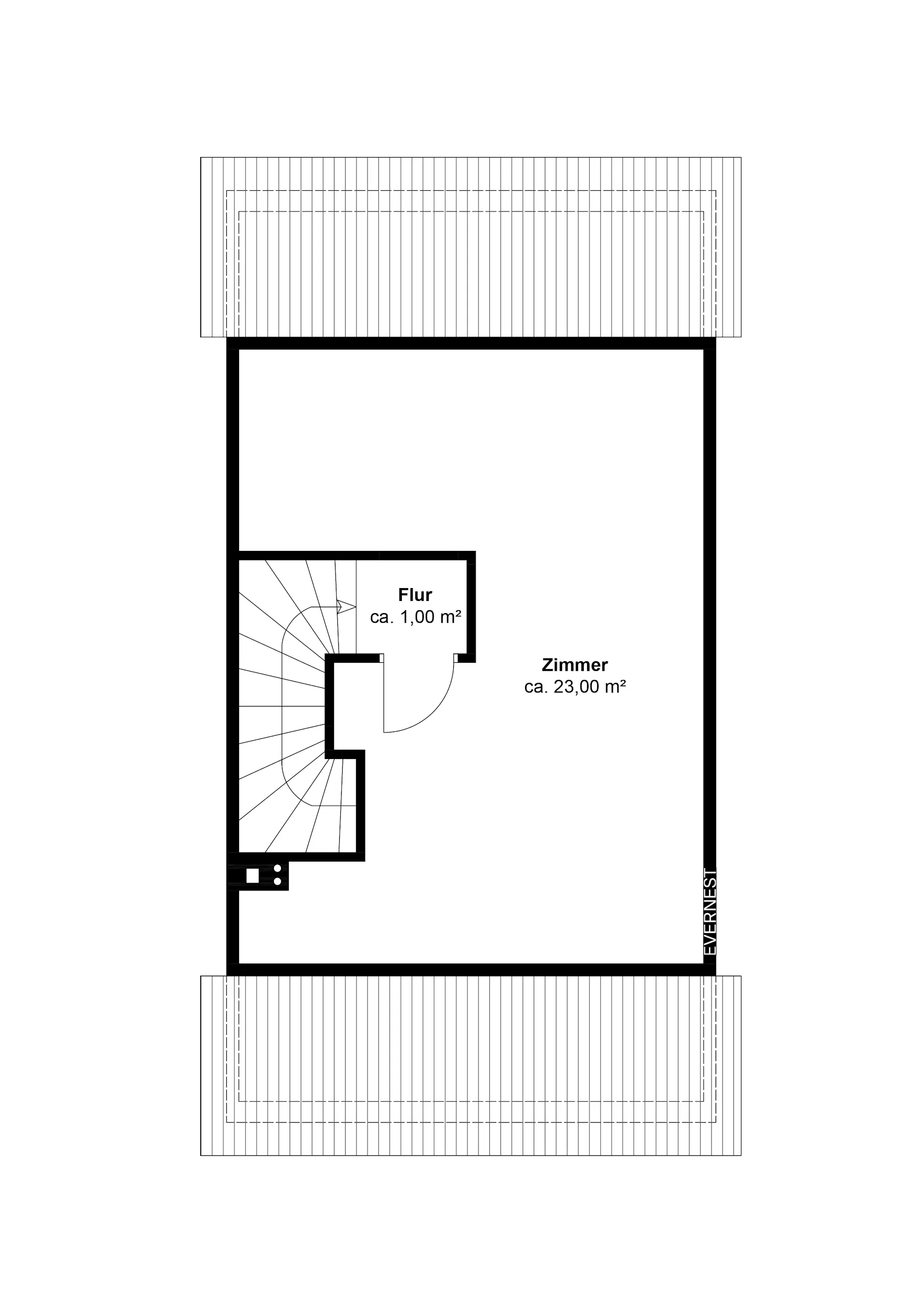 Grundriss mit Flur und großem Zimmer, Treppe auf der linken Seite.