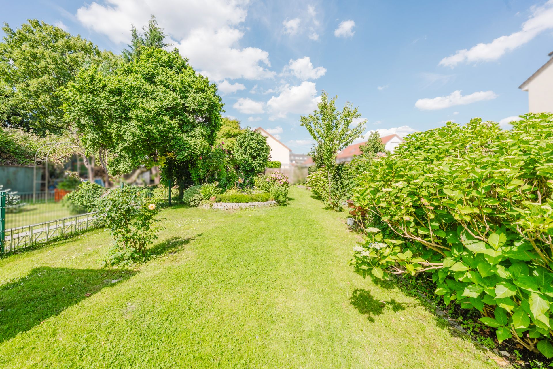 Grüner Garten mit Rasen, Bäumen und Sträuchern bei sonnigem Wetter.