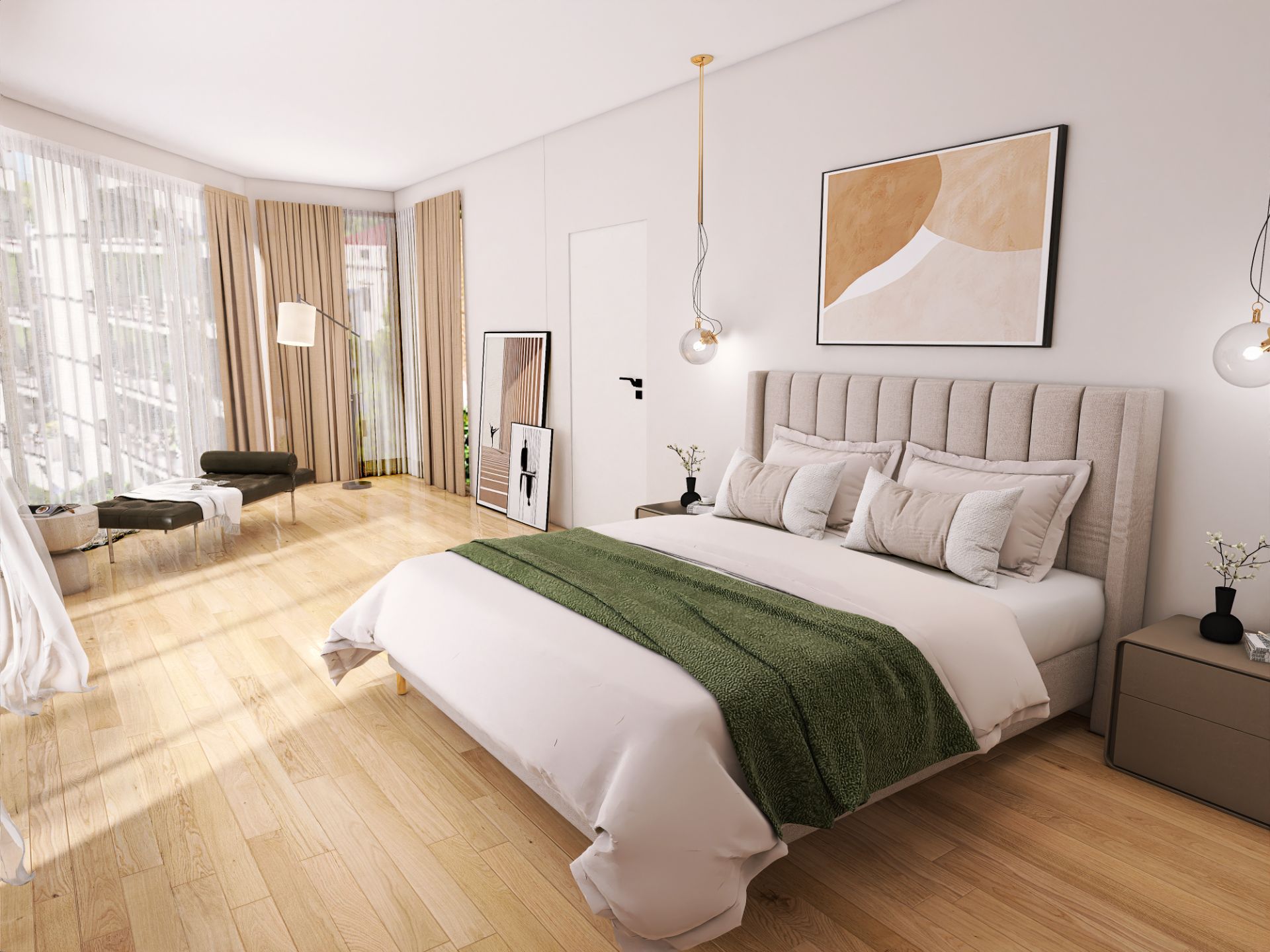 Modernes Schlafzimmer mit großem Bett, Sessel, Fenstern und heller Holzboden.