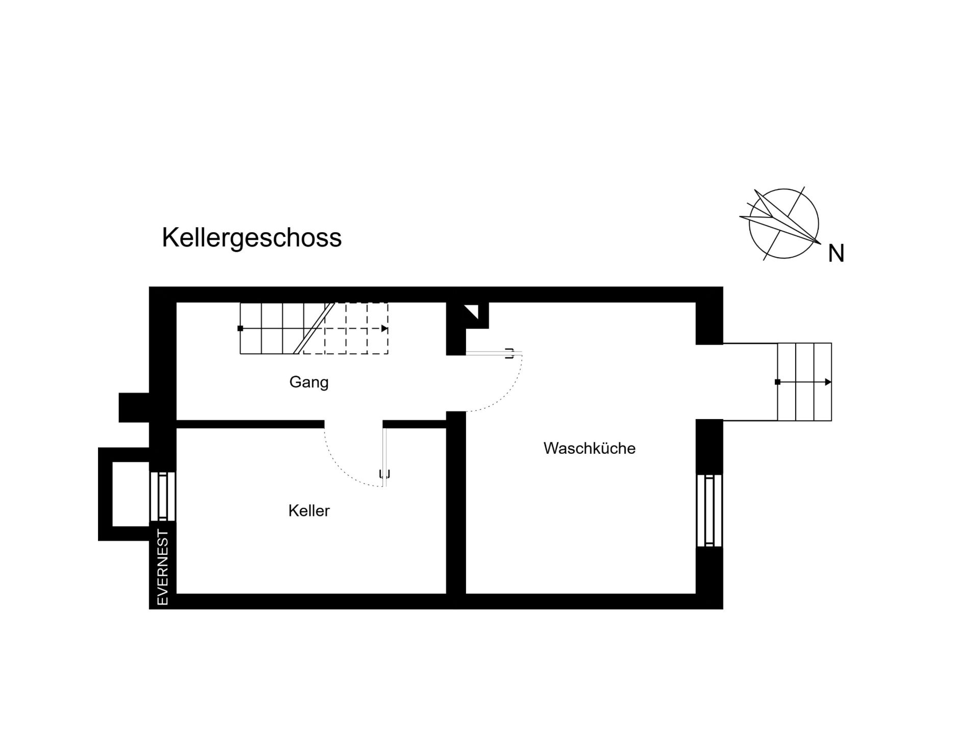 Grundriss des Kellergeschosses mit Kellerraum, Gang und Waschküche.