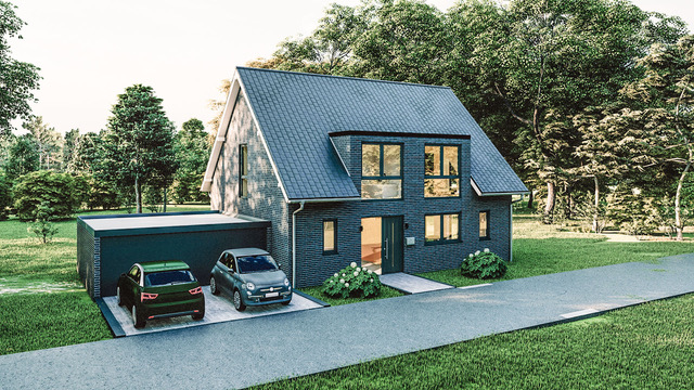 Modernes Einfamilienhaus mit dunkler Fassade, zwei Autos vor Garage, umgeben von viel Grün.