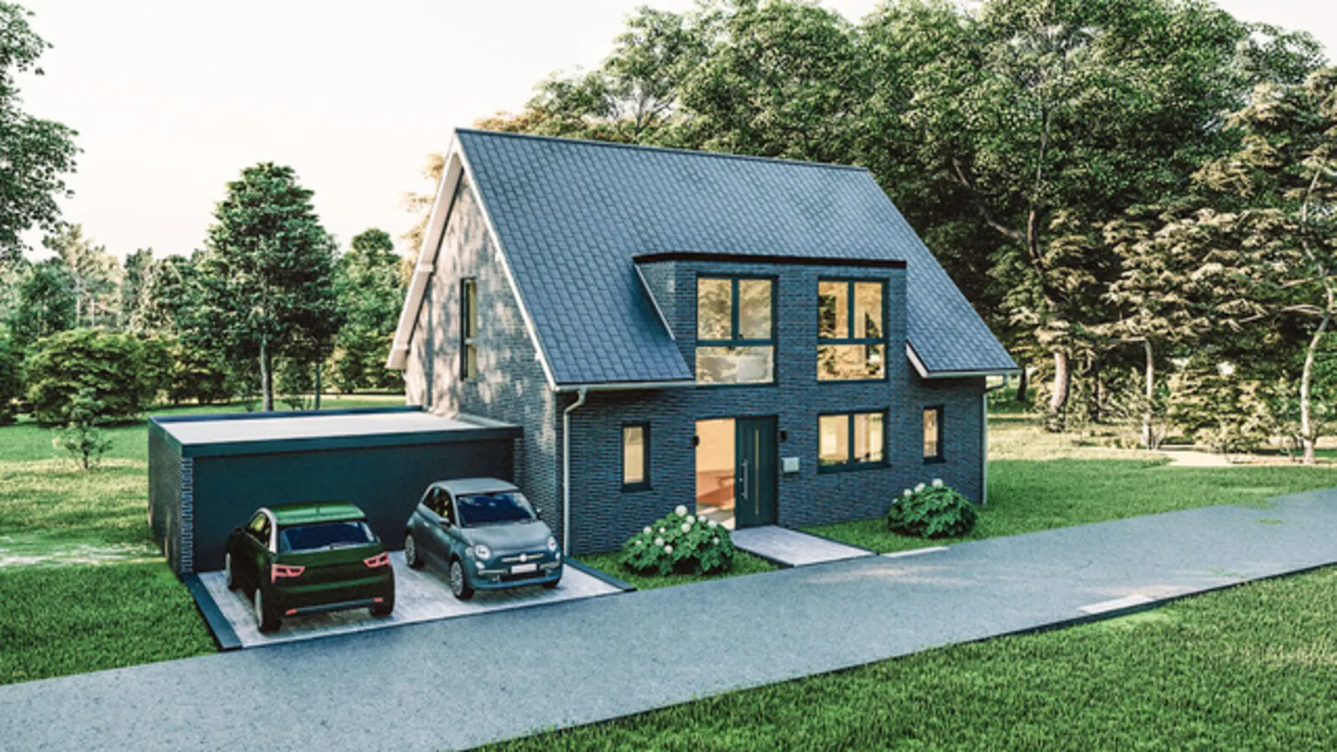 Modernes Einfamilienhaus mit dunkler Fassade, zwei Autos vor Garage, umgeben von viel Grün.