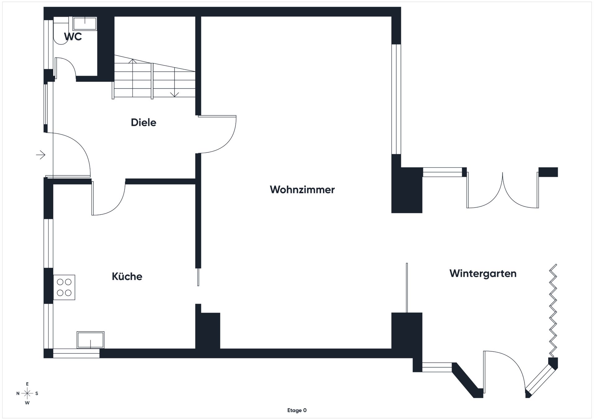 Grundriss mit Wohnzimmer, Küche, Diele, WC und Wintergarten auf einer Etage.