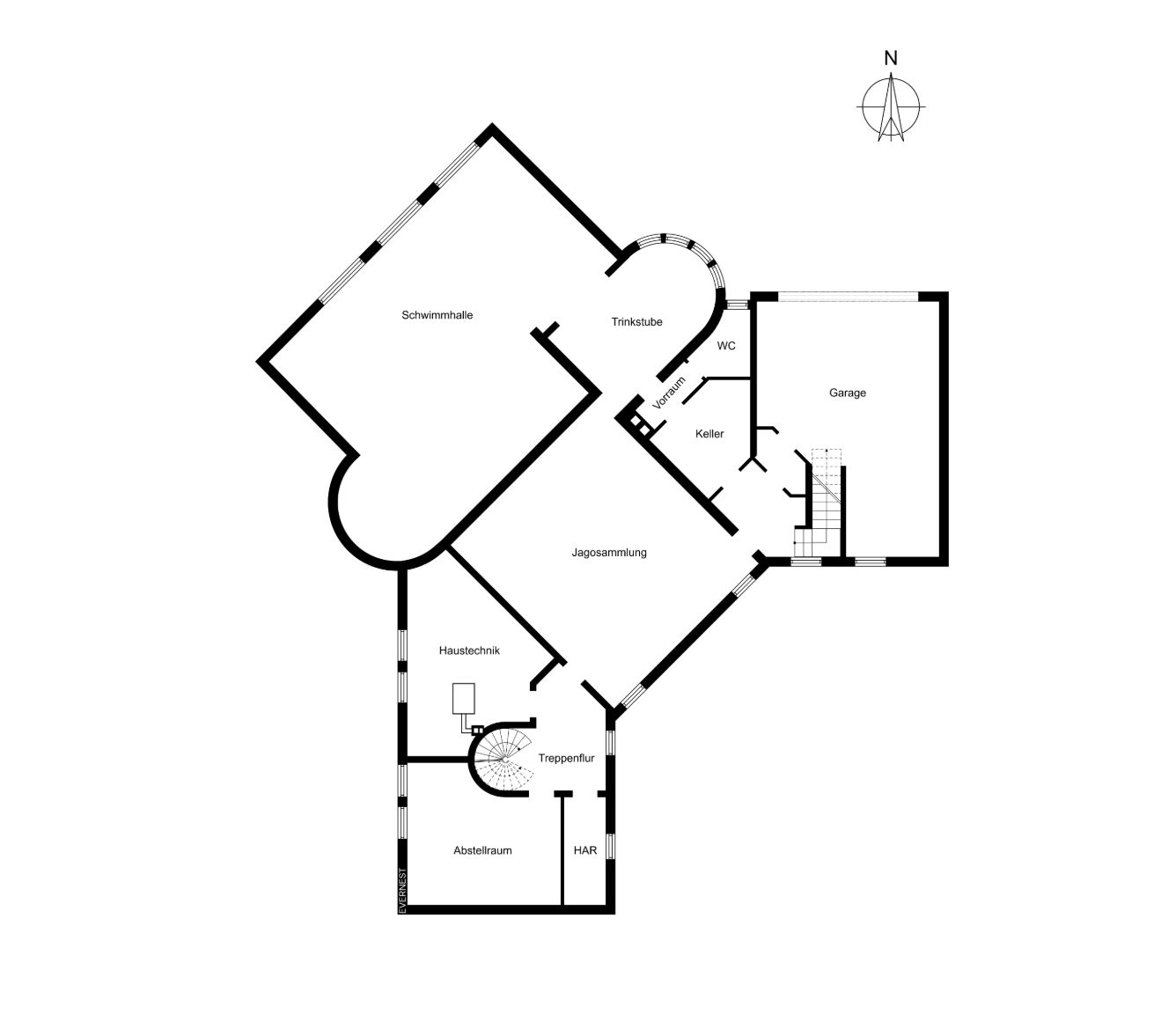 Grundriss mit Schwimmhalle, Garage, Keller und weiteren Räumen.