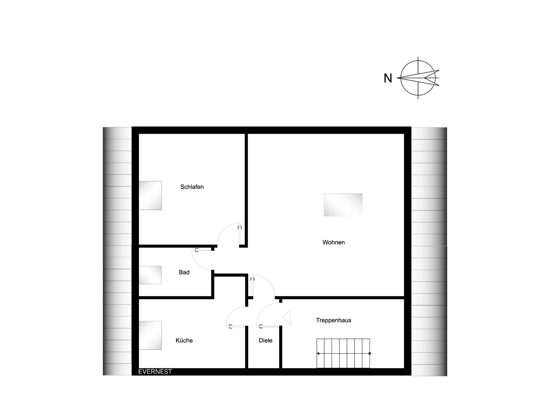 Grundriss mit Schlafzimmer, Wohnzimmer, Küche, Bad, Diele und Treppenhaus.