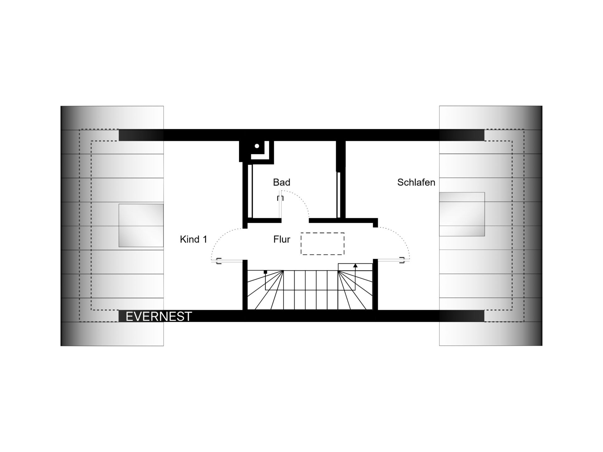 Grundriss mit einem Kinderzimmer, Bad, Schlafzimmer und Flur.