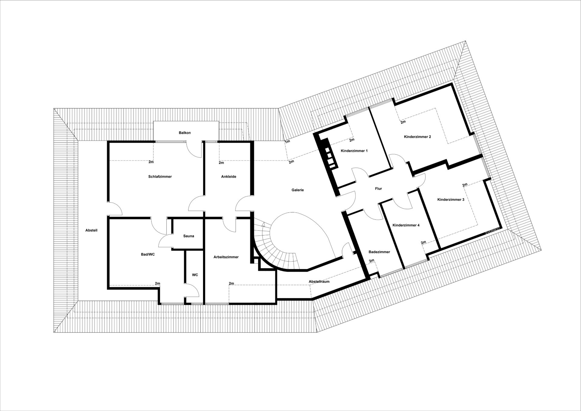 Grundriss eines Wohnhauses mit Schlafzimmern, Kinderzimmern, Bad, Sauna und Balkon.