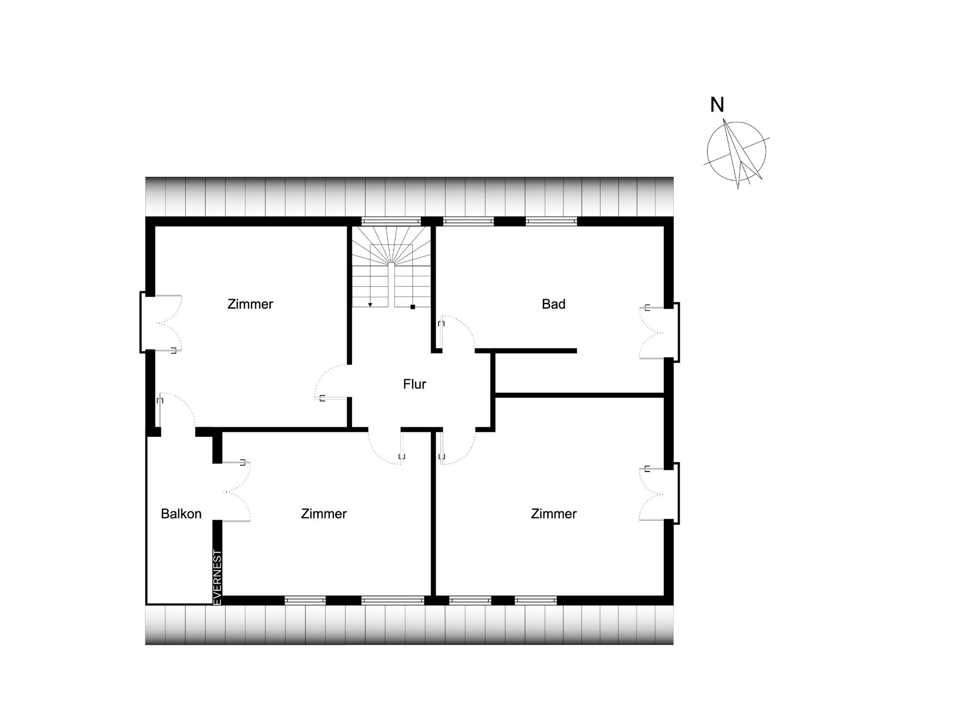 Grundriss mit Flur, drei Zimmern, Bad und Balkon.