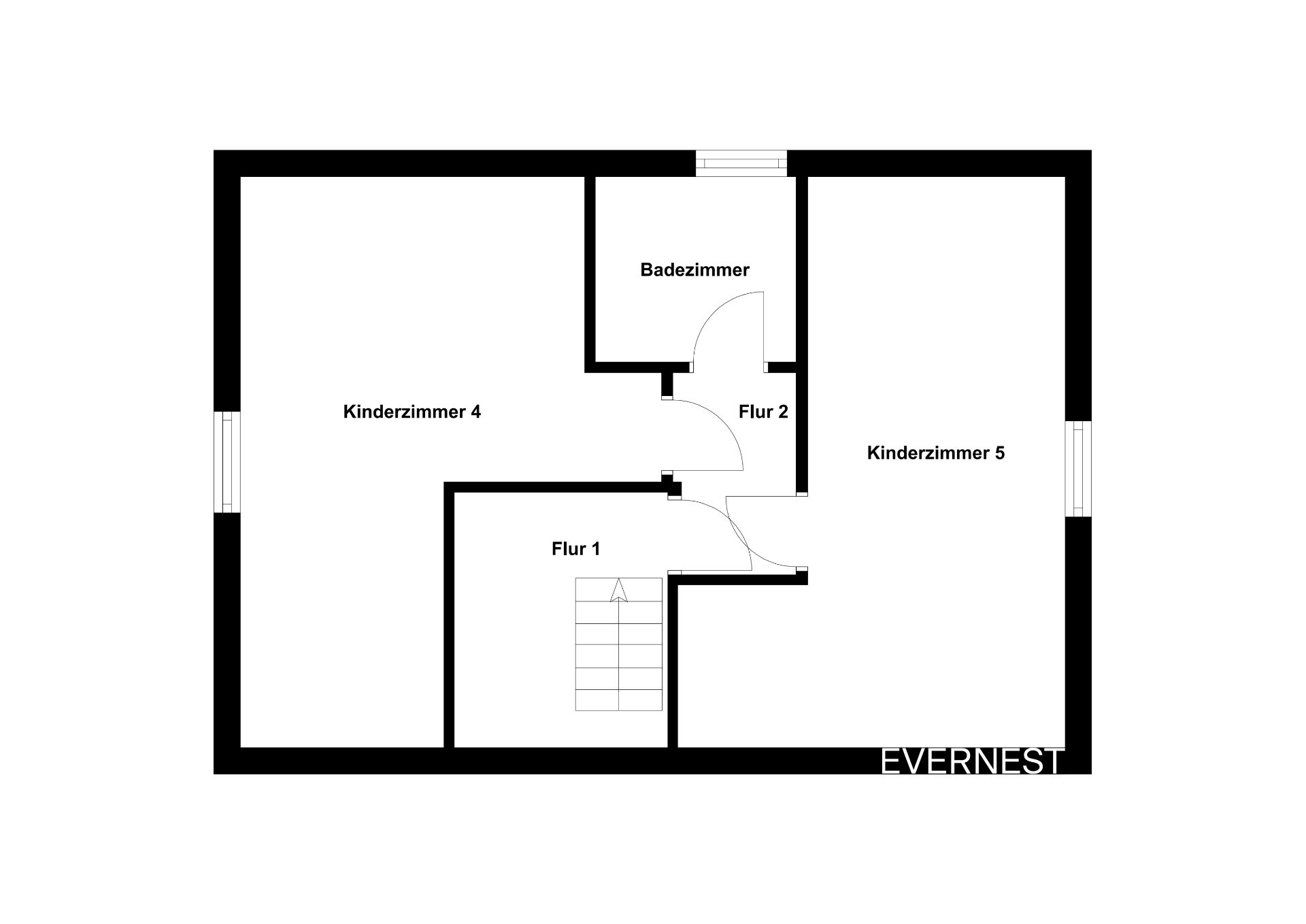 Grundriss mit zwei Kinderzimmern, einem Badezimmer und zwei Fluren.