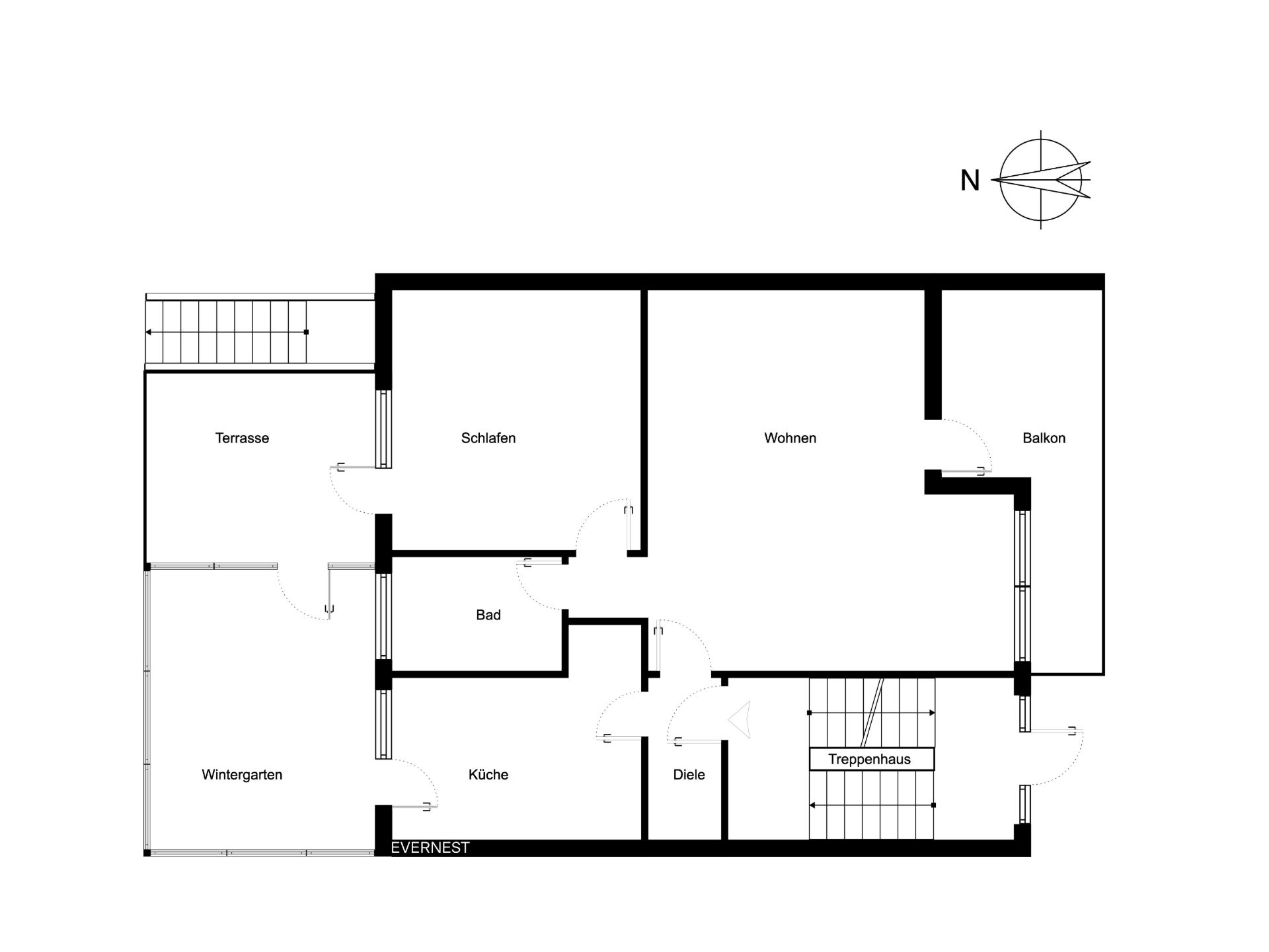 Grundriss einer Wohnung mit Schlafzimmer, Wohnzimmer, Bad, Küche, Diele, Balkon, Terrasse und Wintergarten.