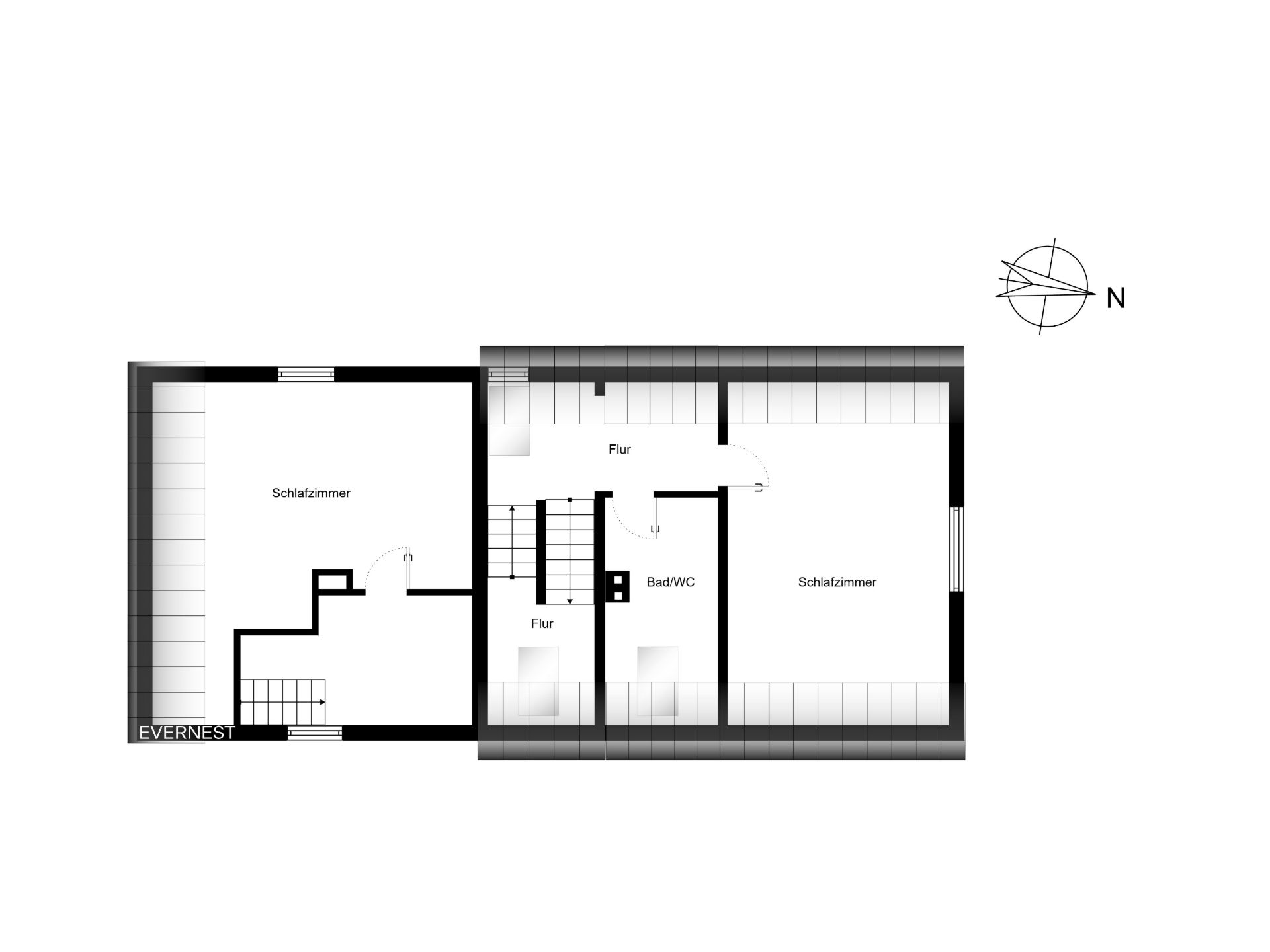 Grundriss mit zwei Schlafzimmern, Flur, Treppe und Bad/WC.
