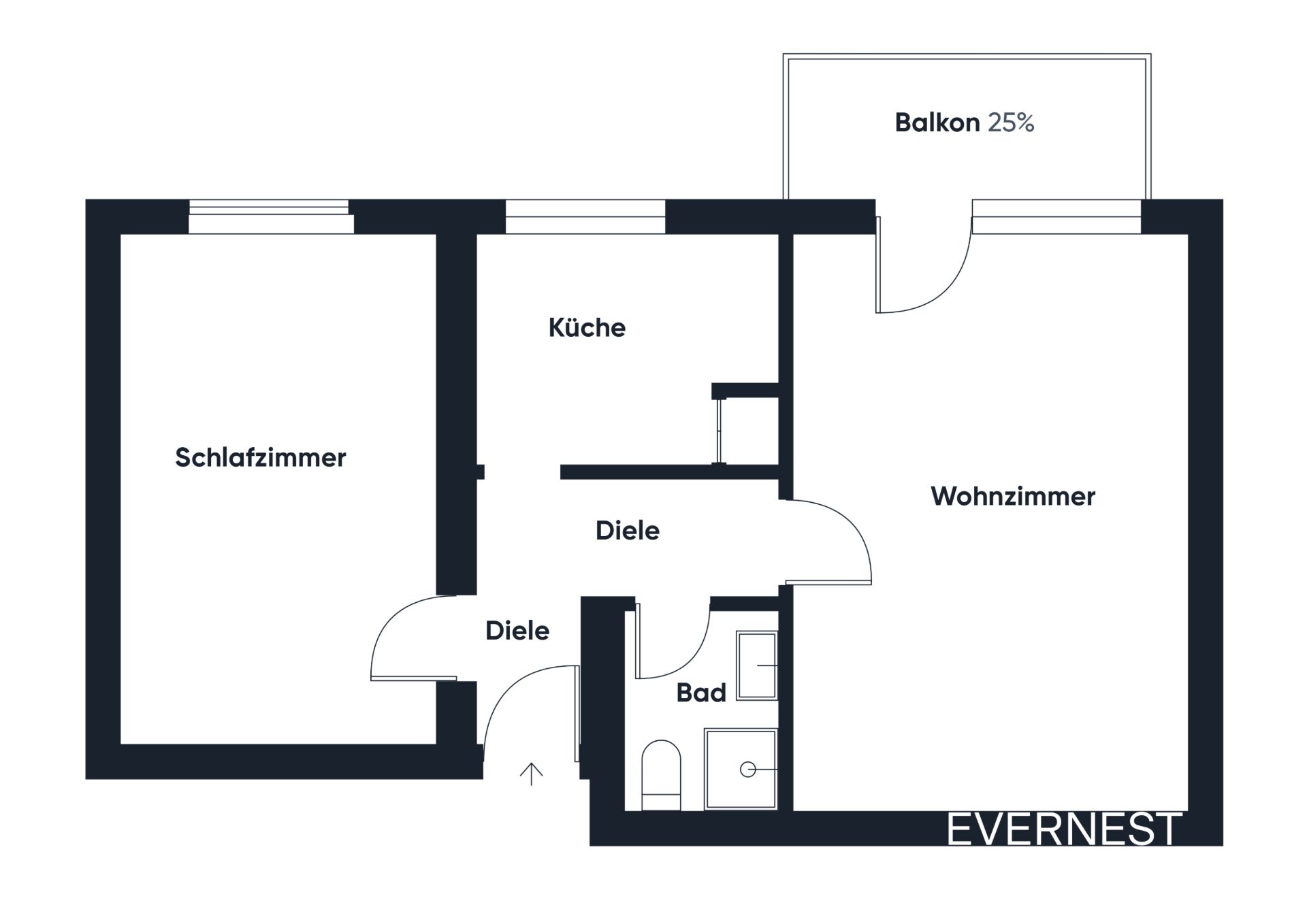 Grundriss mit Schlafzimmer, Wohnzimmer, Küche, Bad, Diele und Balkon.