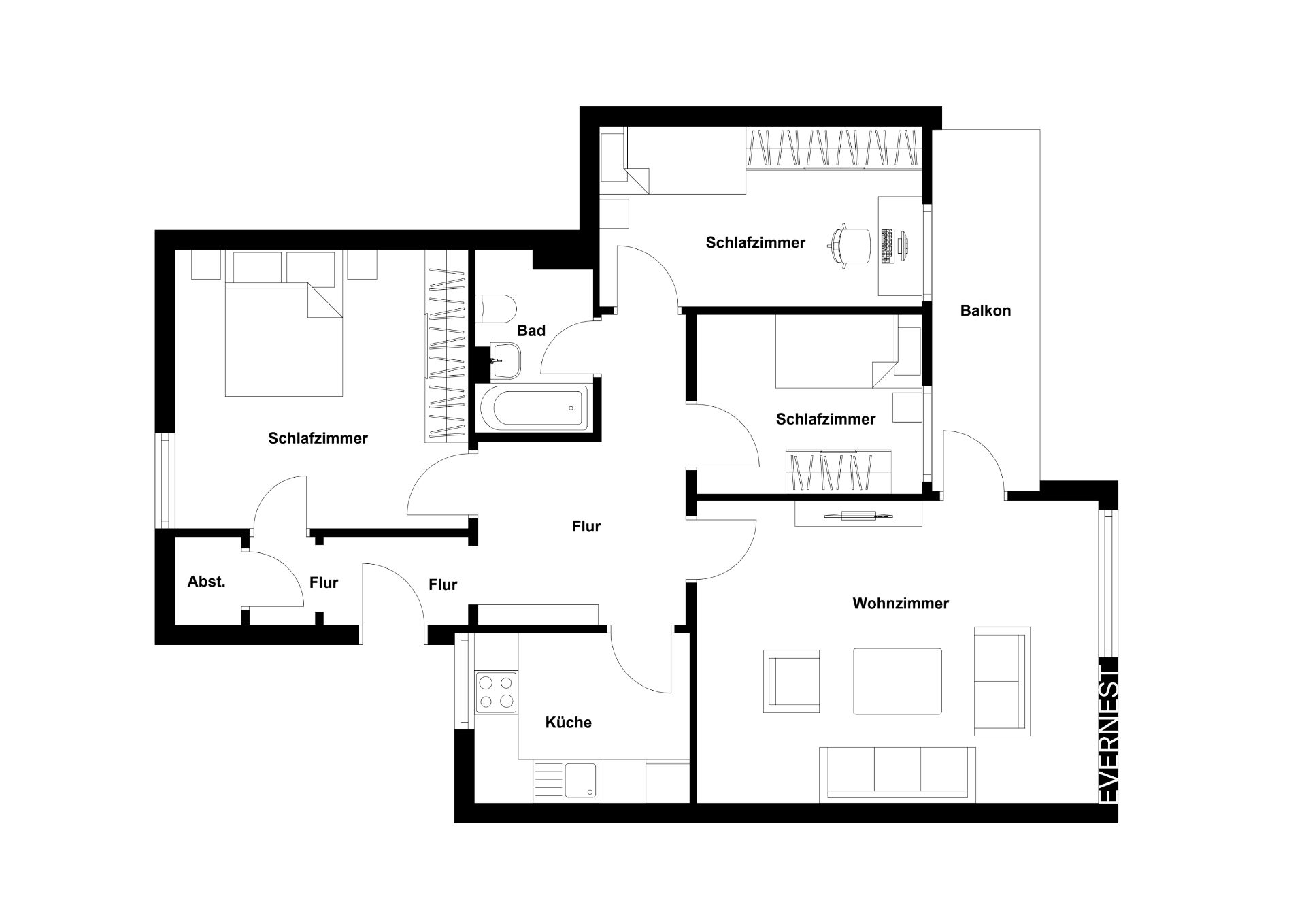 Grundriss einer Wohnung mit drei Schlafzimmern, Wohnzimmer, Küche, Bad, Flur, Abstellraum und Balkon.