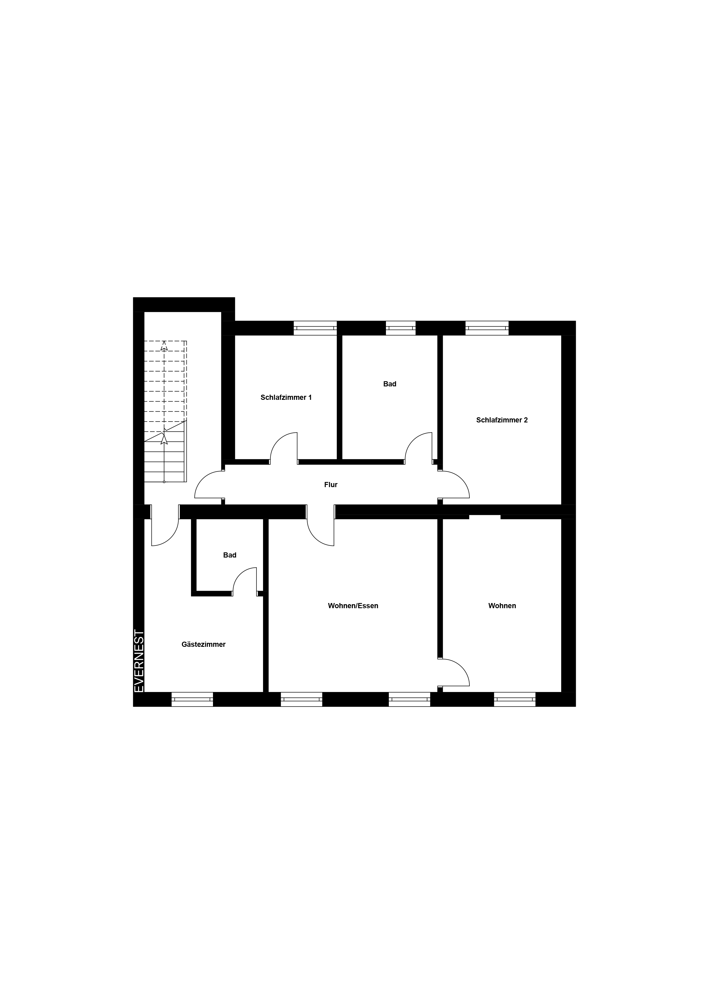 Grundriss einer Wohnung mit zwei Schlafzimmern, Gästezimmer, zwei Bädern, Flur und Wohn-/Essbereich.