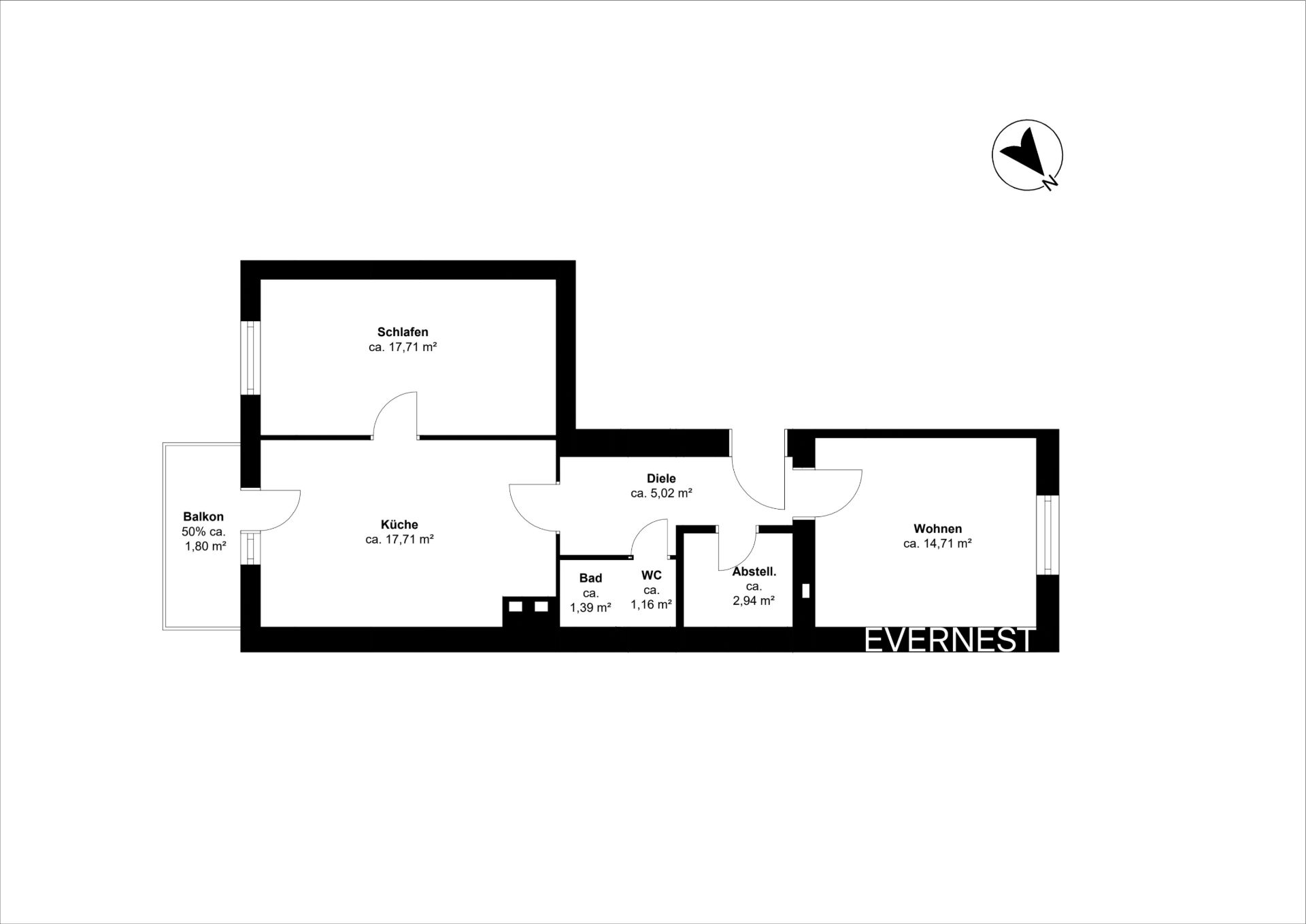 Grundriss einer Wohnung mit Schlaf-, Wohn-, Küchenbereich, Bad, WC, Abstellraum und Balkon.