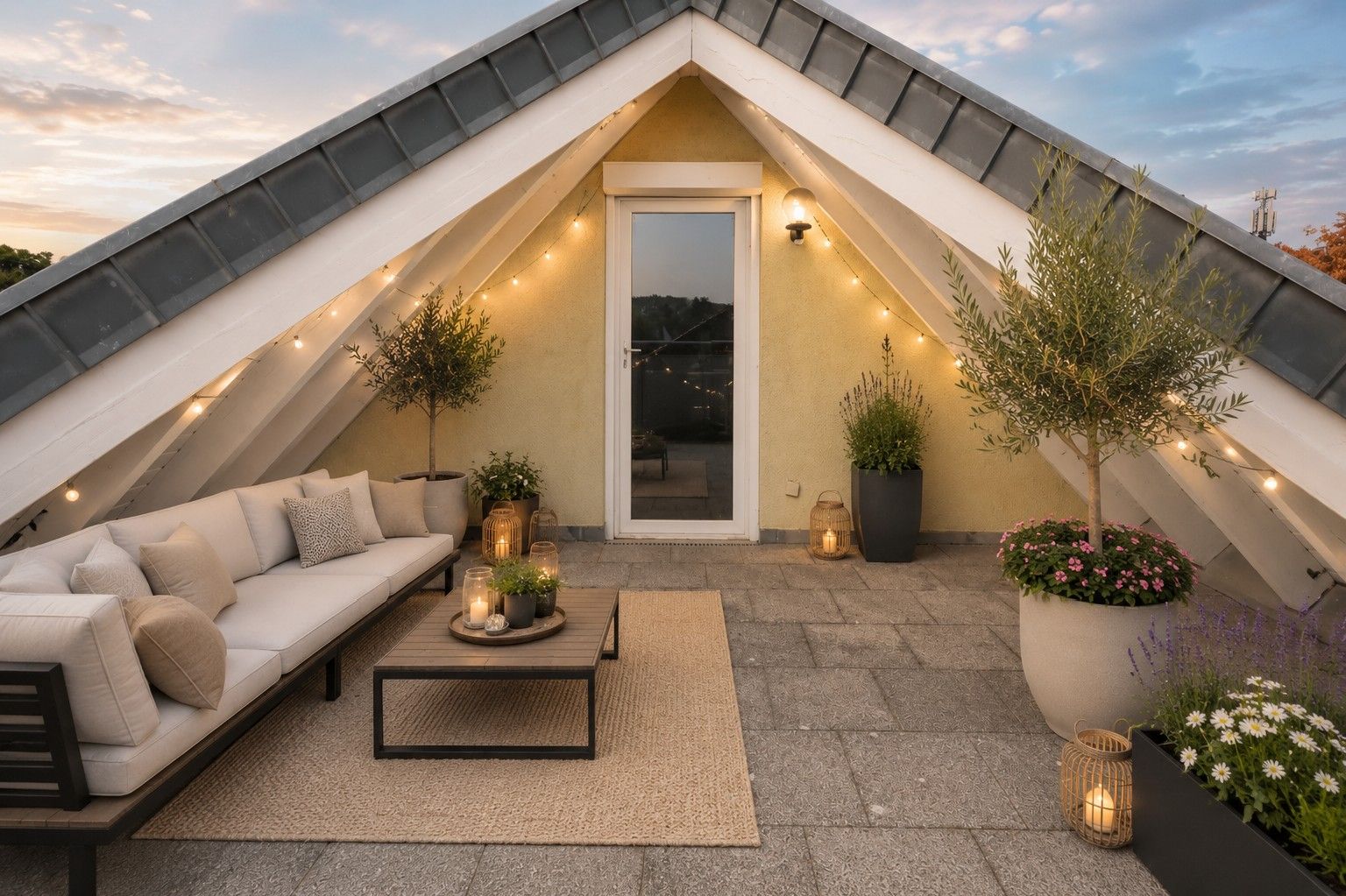 Gemütliche Dachterrasse mit Sofa, Couchtisch, Pflanzen und Lichterketten am Abend.