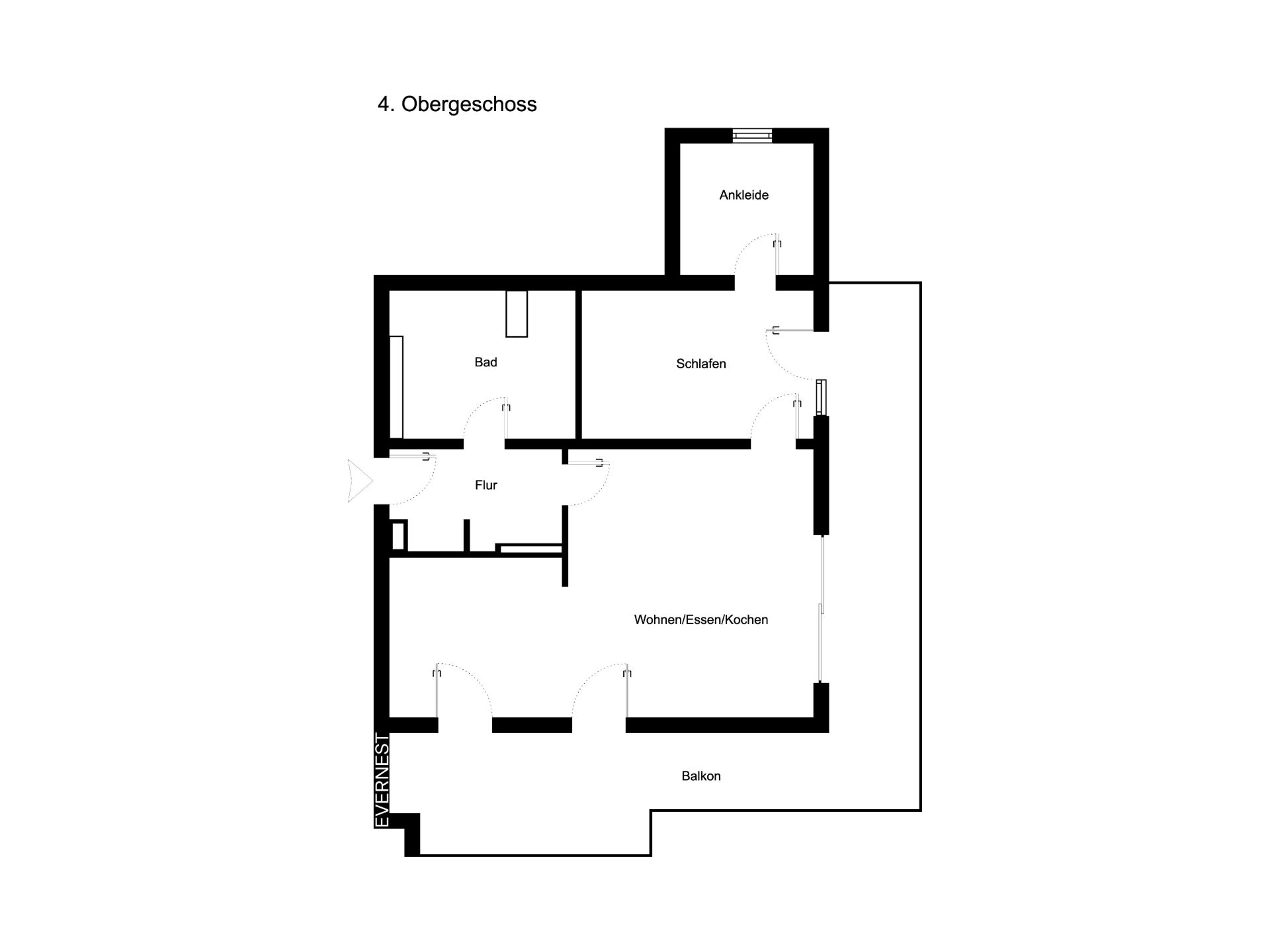 Grundriss einer Wohnung mit Bad, Schlafzimmer, Ankleide, Flur, Wohnbereich und Balkon.