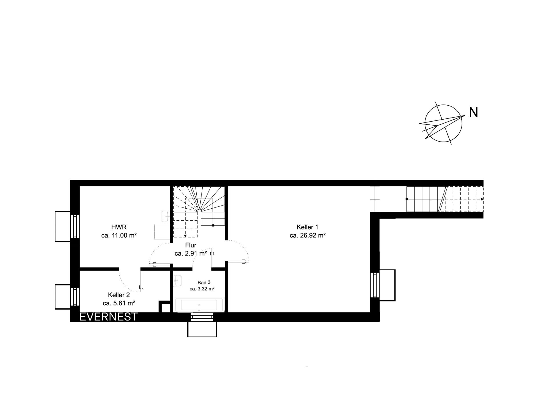 Grundriss eines Kellers mit Hauswirtschaftsraum, Flur, Bad und zwei Kellerräumen.