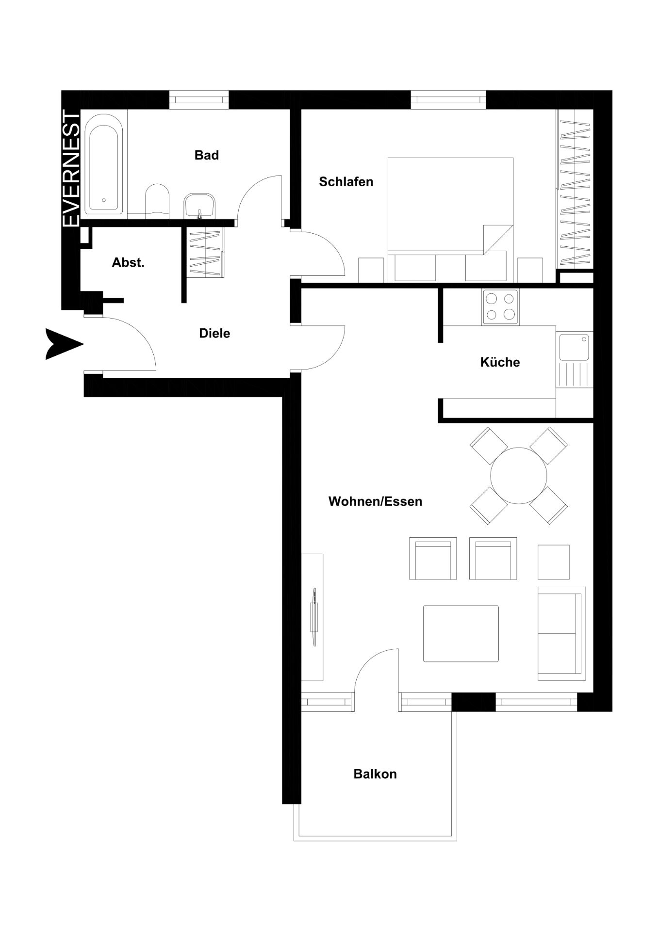 Grundriss einer Wohnung mit Schlafzimmer, Bad, Abstellraum, Küche, Wohnbereich und Balkon.