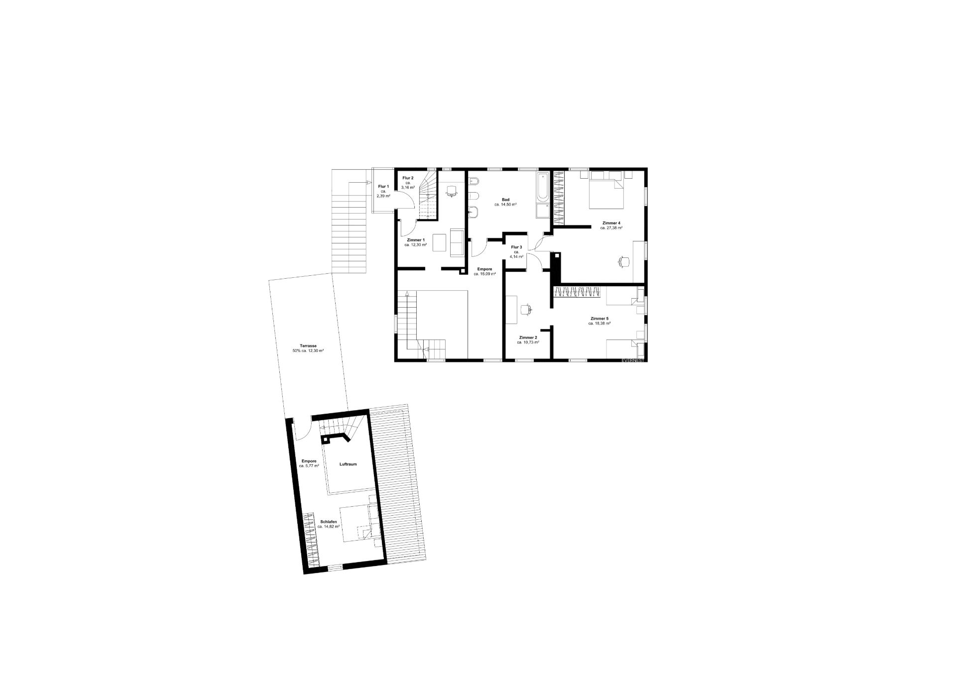 Grundriss eines Wohnhauses mit mehreren Zimmern, Küche, Bad und Balkon.
