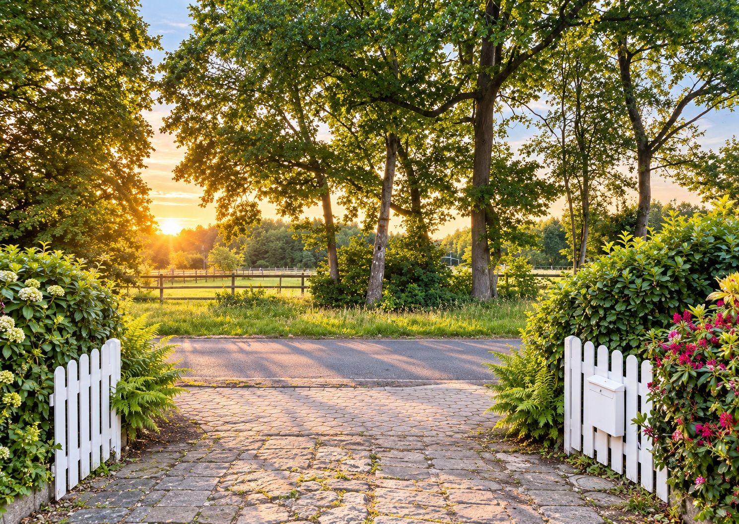 Weiße Gartenpforte mit gepflastertem Weg, Blick auf Straße und Bäume bei Sonnenuntergang.
