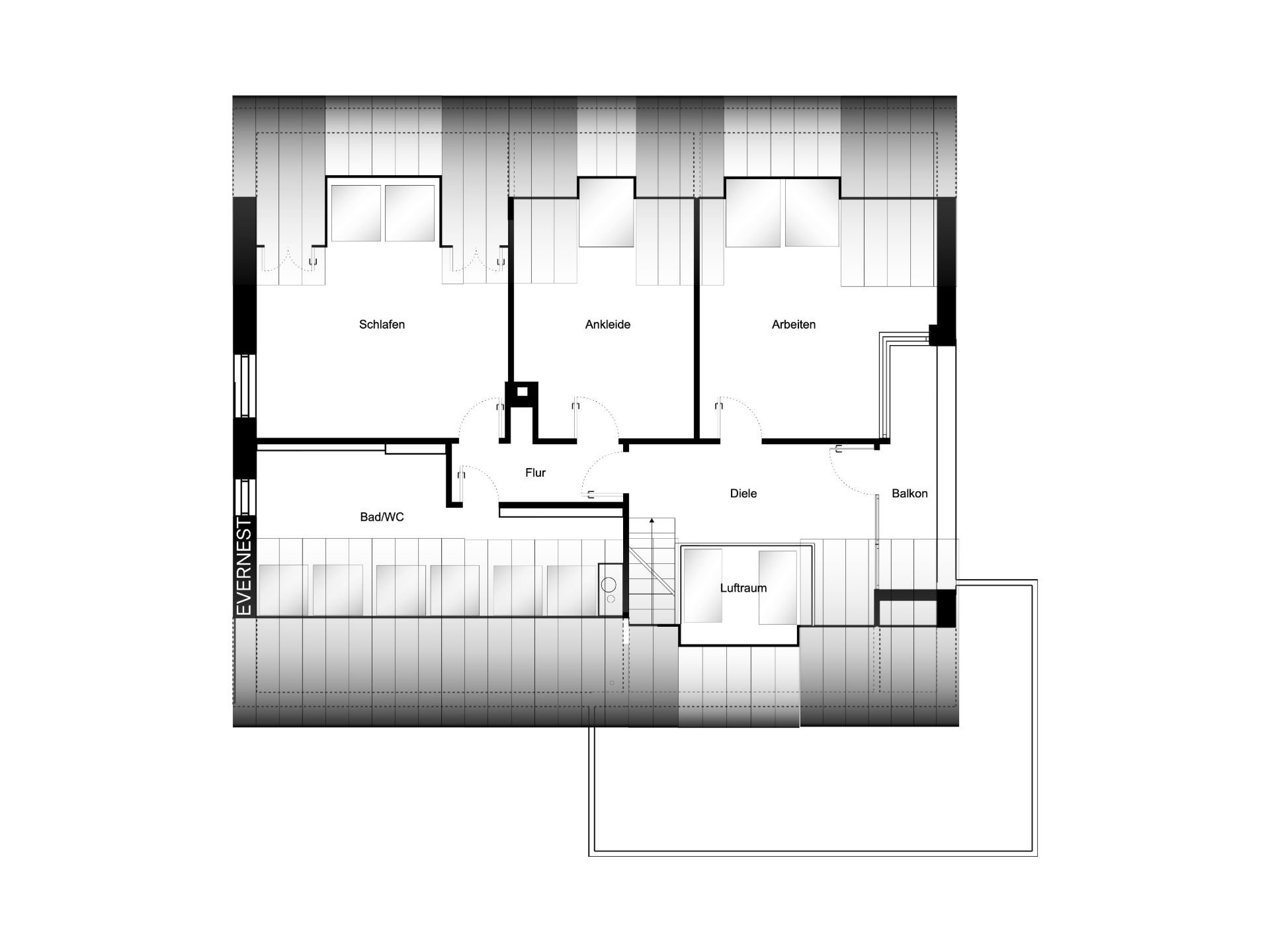 Grundriss einer Wohnung mit Schlaf-, Arbeits- und Ankleidezimmer, Bad, Flur und Balkon.