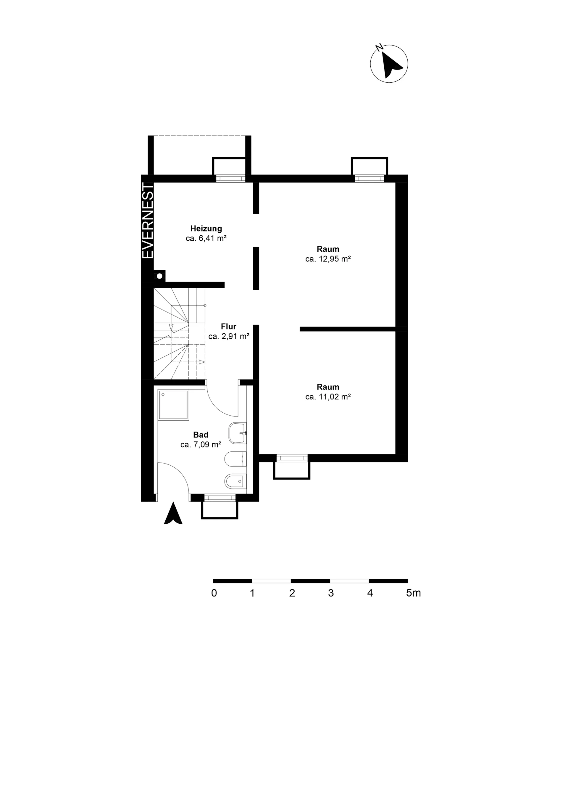 Grundriss mit zwei Räumen, Bad, Flur und Heizungsraum, Flächen in Quadratmetern angegeben.