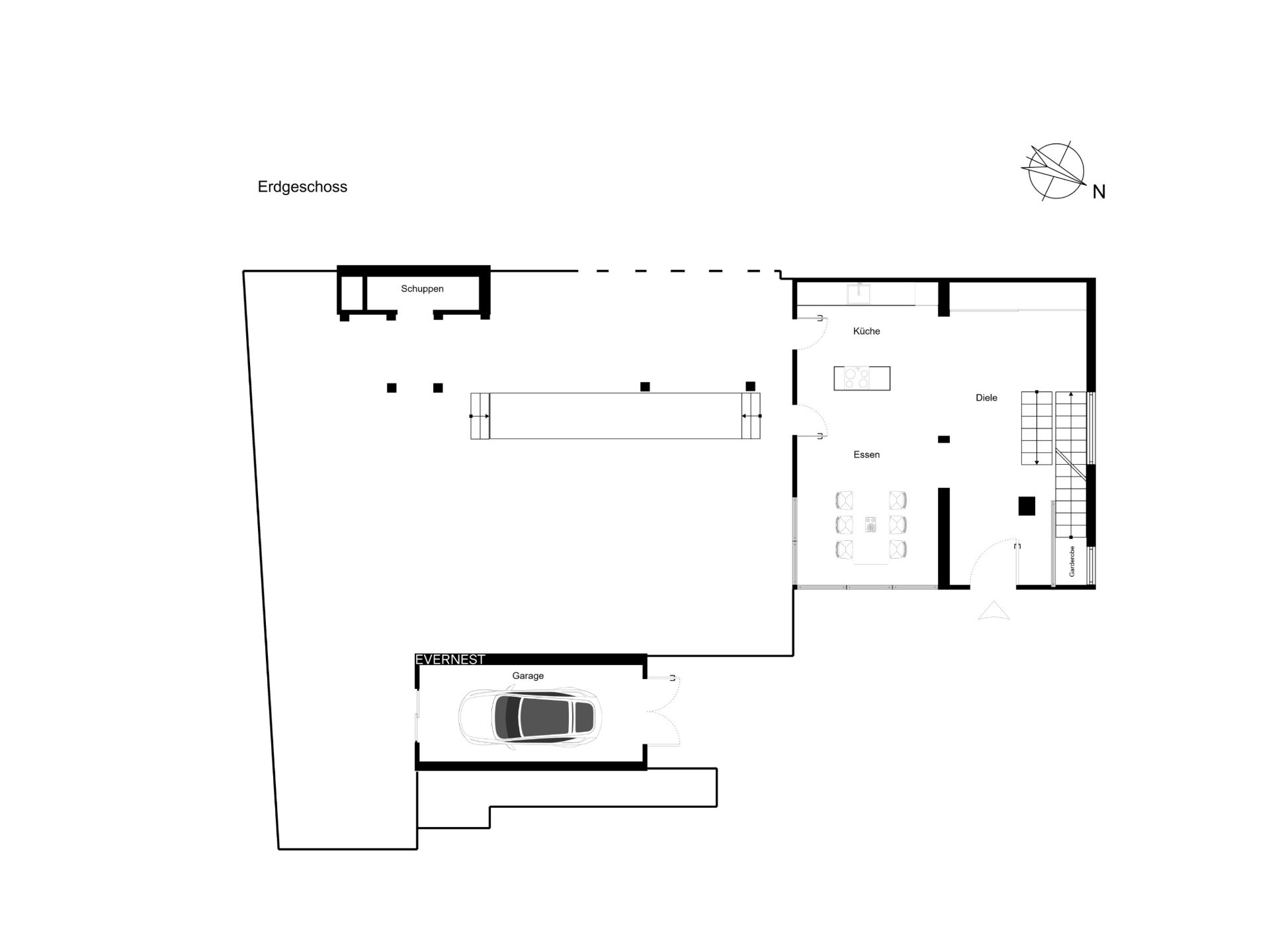 Grundriss des Erdgeschosses mit Garage, Küche, Essbereich und Abstellraum.