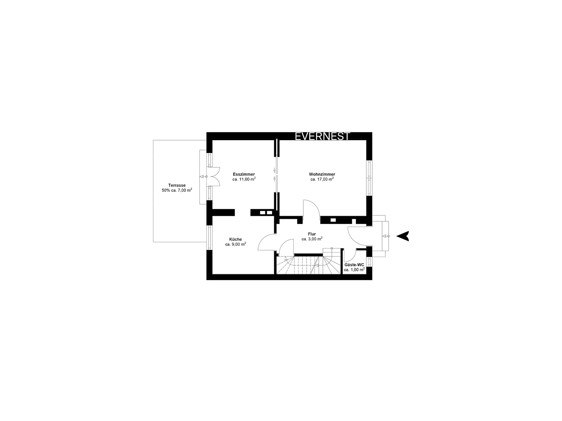 Grundriss eines Wohnhauses mit Wohnzimmer, Esszimmer, Küche, Gäste-WC, Flur und Terrasse.