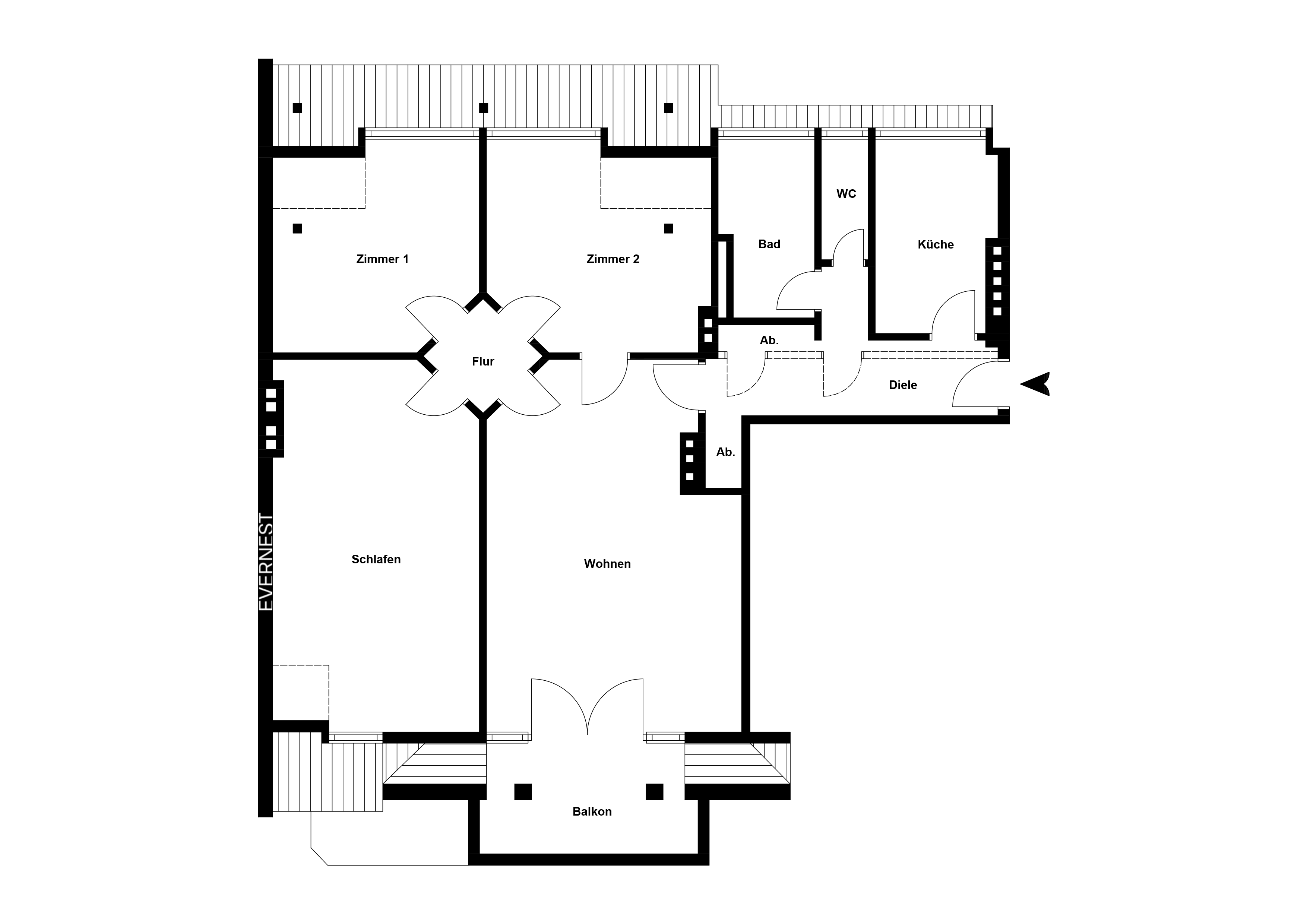 Grundriss einer Wohnung mit Balkon, Wohnzimmer, Schlafzimmer, Küche, Bad und weiteren Zimmern.