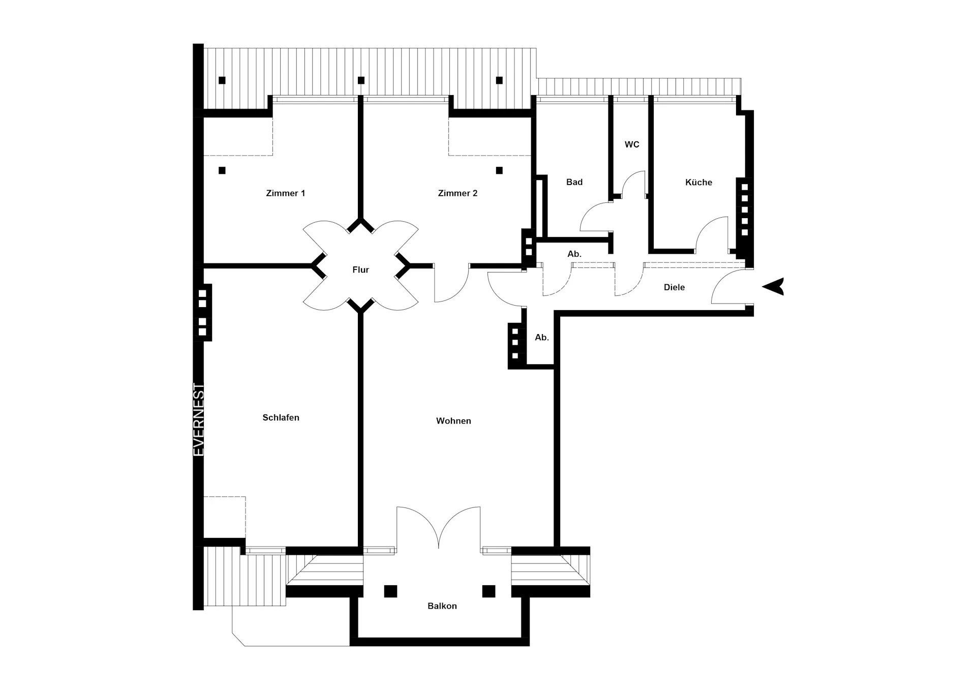 Grundriss einer Wohnung mit Balkon, Wohnzimmer, Schlafzimmer, Küche, Bad und weiteren Zimmern.