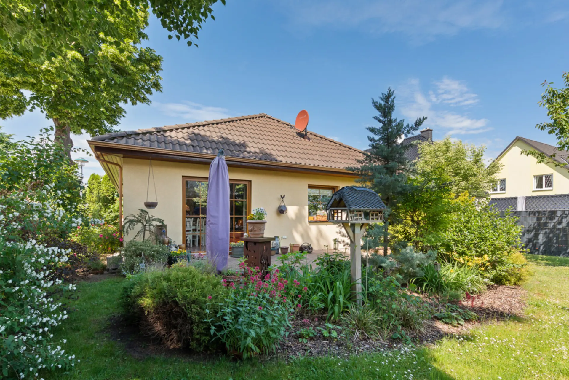 Einfamilienhaus mit Gartenterrasse, Vogelhaus und vielen Pflanzen im Garten.