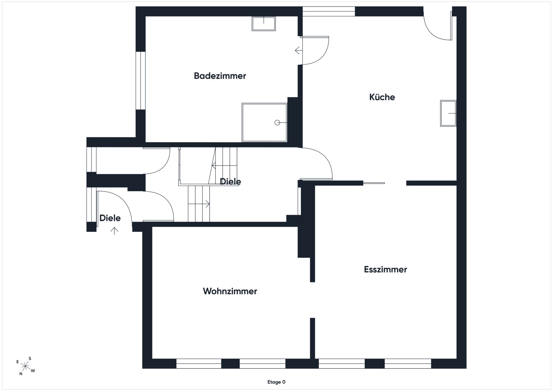 Grundriss mit Badezimmer, Küche, Wohnzimmer, Esszimmer und zwei Dielen.