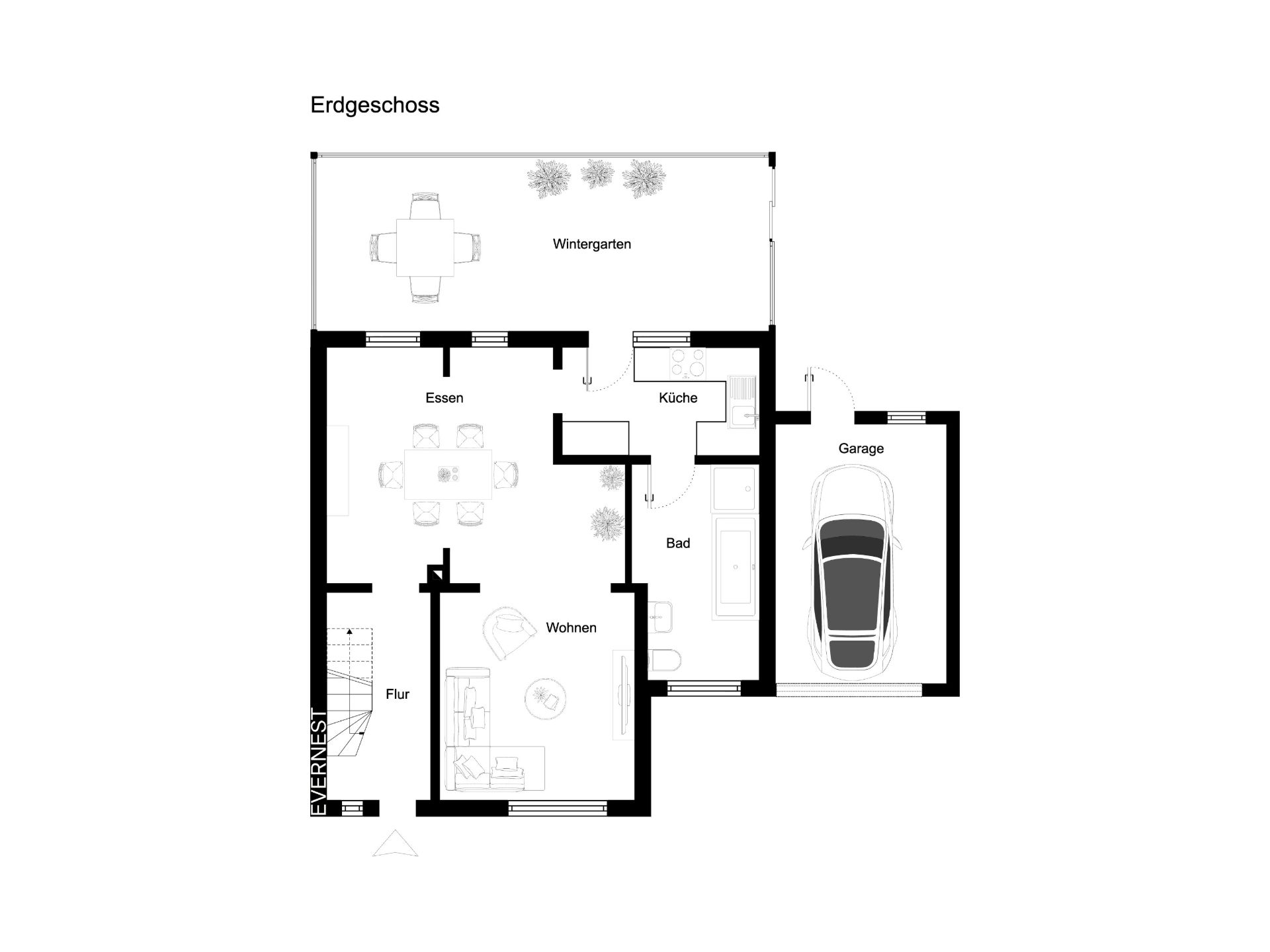 Grundriss des Erdgeschosses mit Wohn-, Esszimmer, Küche, Bad, Garage und Wintergarten.