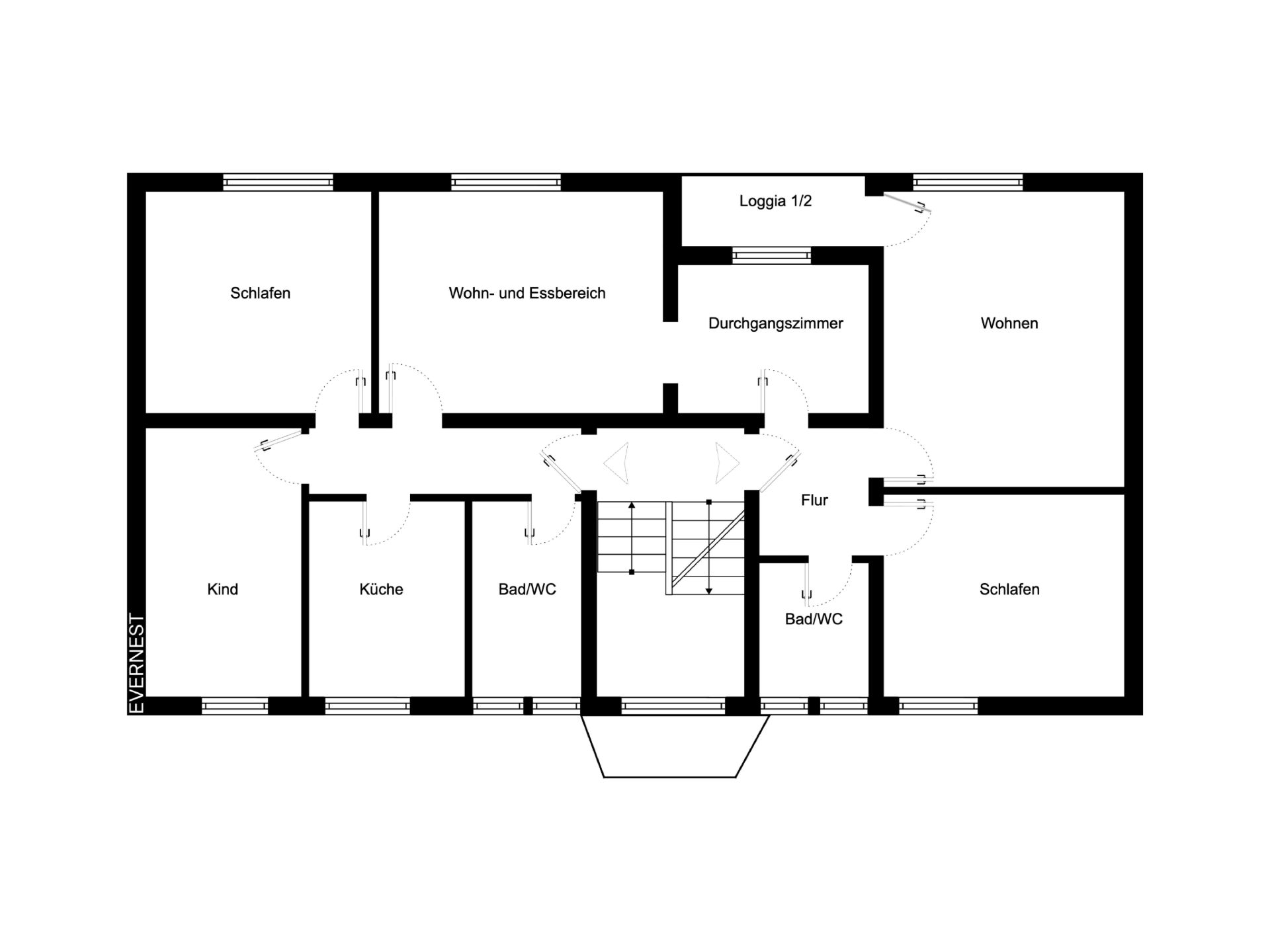 Grundriss eines Wohnhauses mit Schlafzimmern, Wohnzimmer, Küche, Bad/WC und Flur.