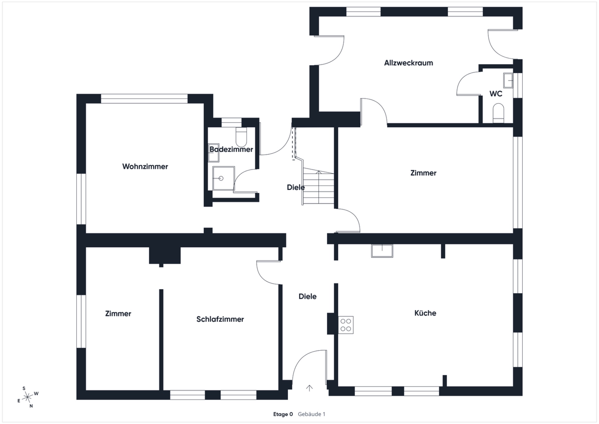 Grundriss einer Wohnung mit Wohnzimmer, Schlafzimmer, Zimmer, Küche, Bad, WC und Allzweckraum.