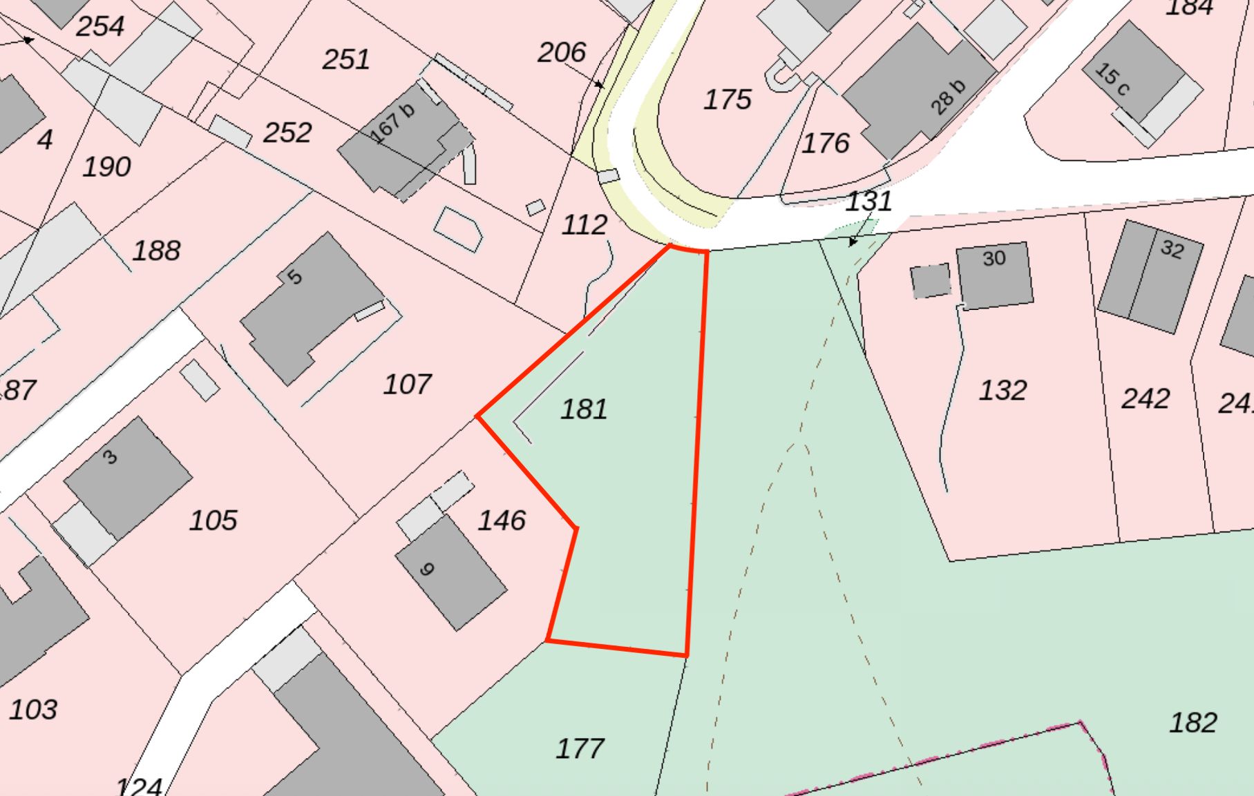Lageplan mit rot umrandetem Grundstück Nummer 181 zwischen mehreren anderen Flurstücken.