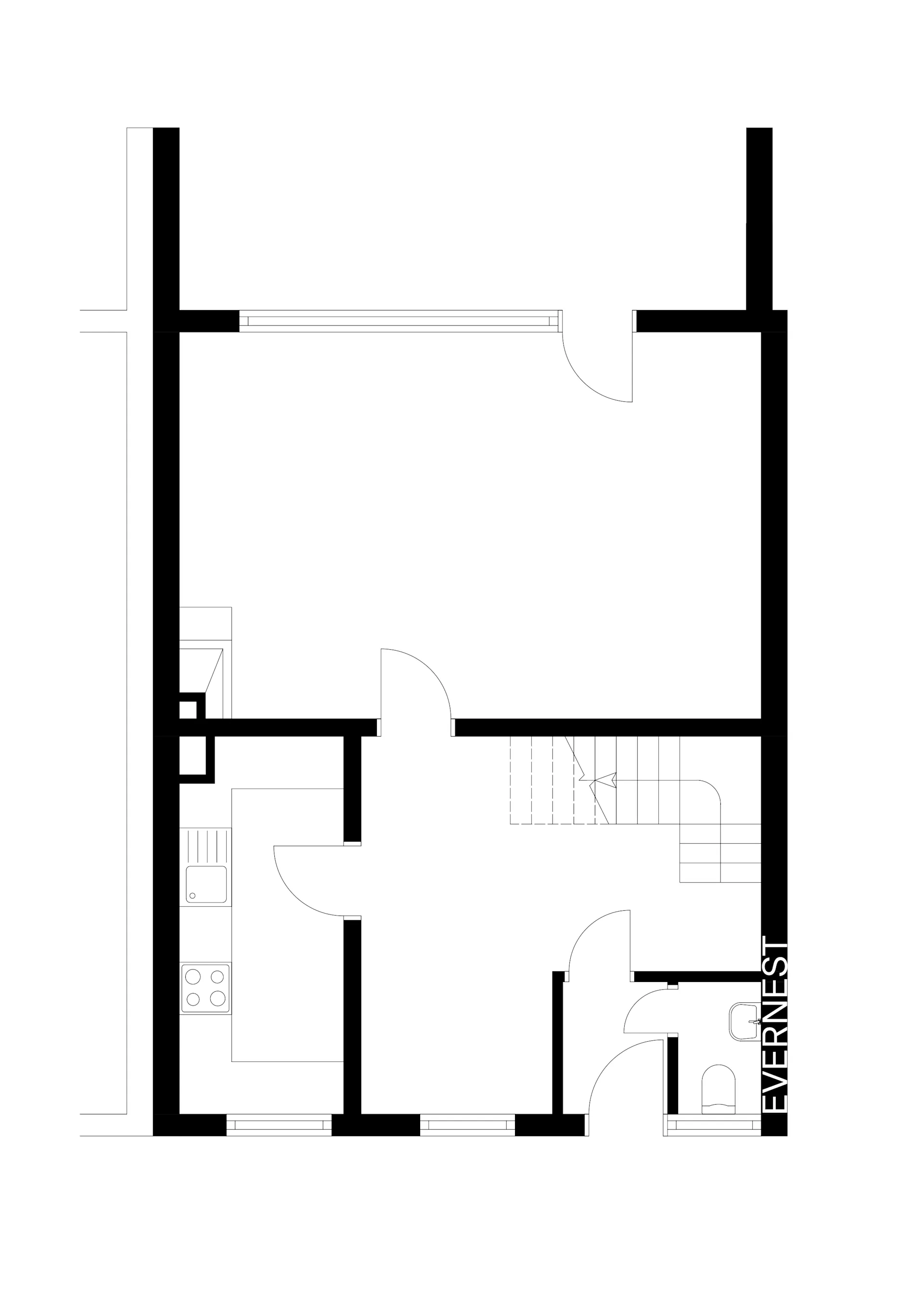 Grundriss einer Wohnung mit Küche, Bad, Flur, Treppe und großem Raum.