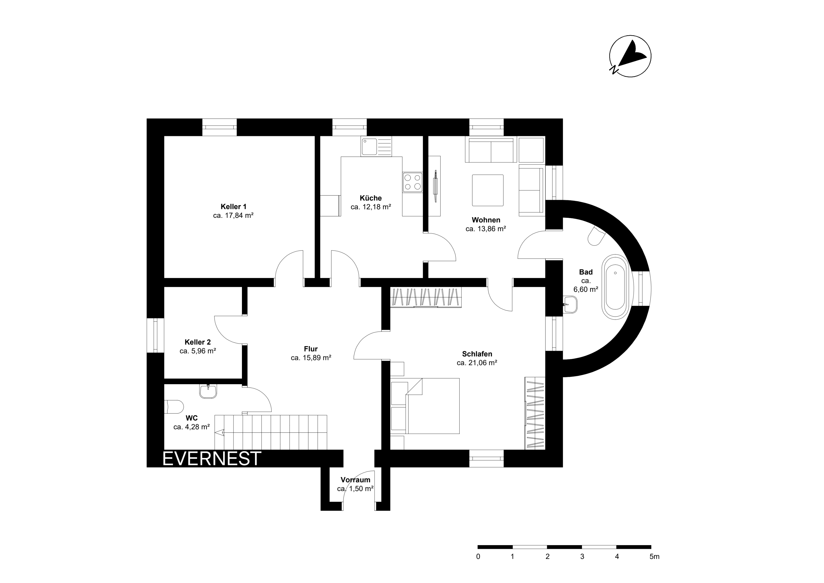 Grundriss einer Wohnung mit Küche, Wohnzimmer, Schlafzimmer, Bad, WC, Flur und zwei Kellerräumen.