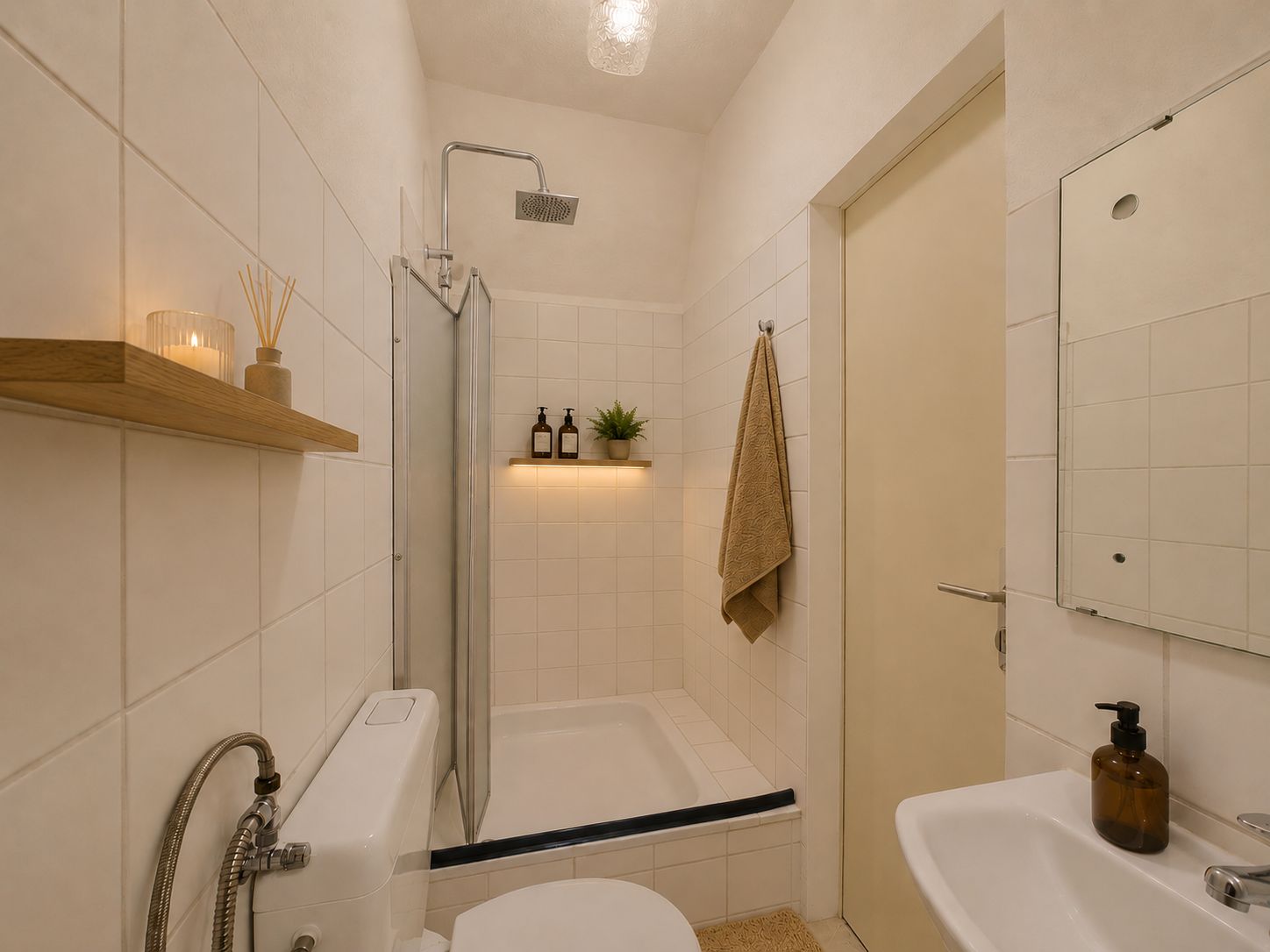 Modernes Badezimmer mit Dusche, Wandregal, Waschbecken, Spiegel und Handtuch.