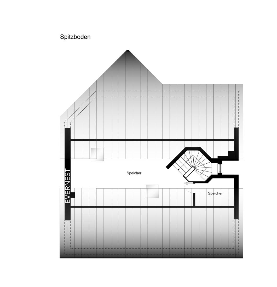Grundriss eines Spitzbodens mit Treppe und zwei Speicherbereichen.