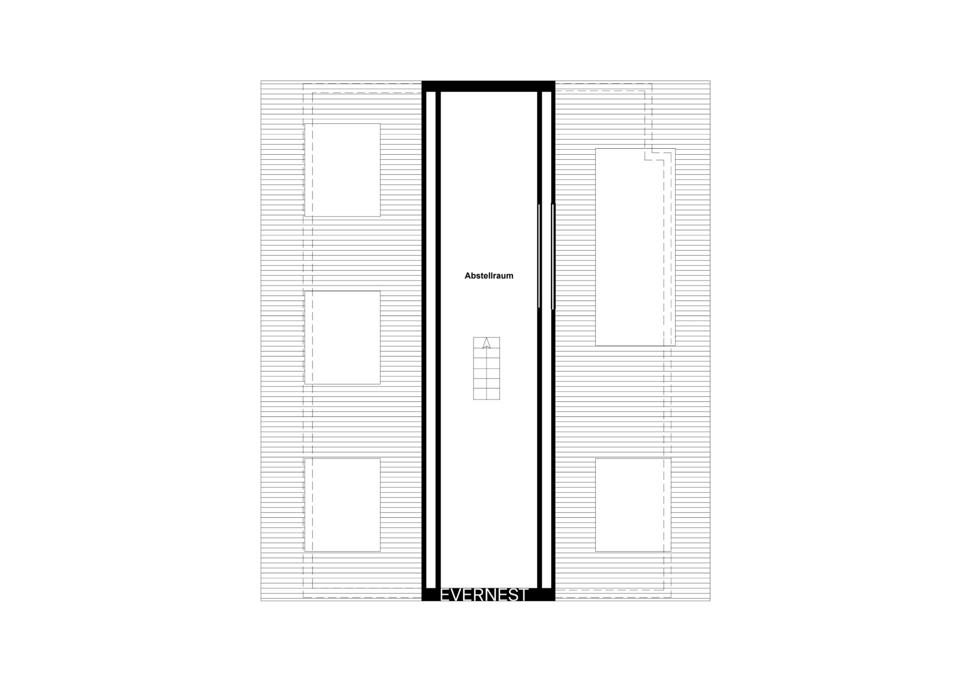 Grundriss mit rechteckigem Abstellraum in der Mitte und mehreren angrenzenden Bereichen.