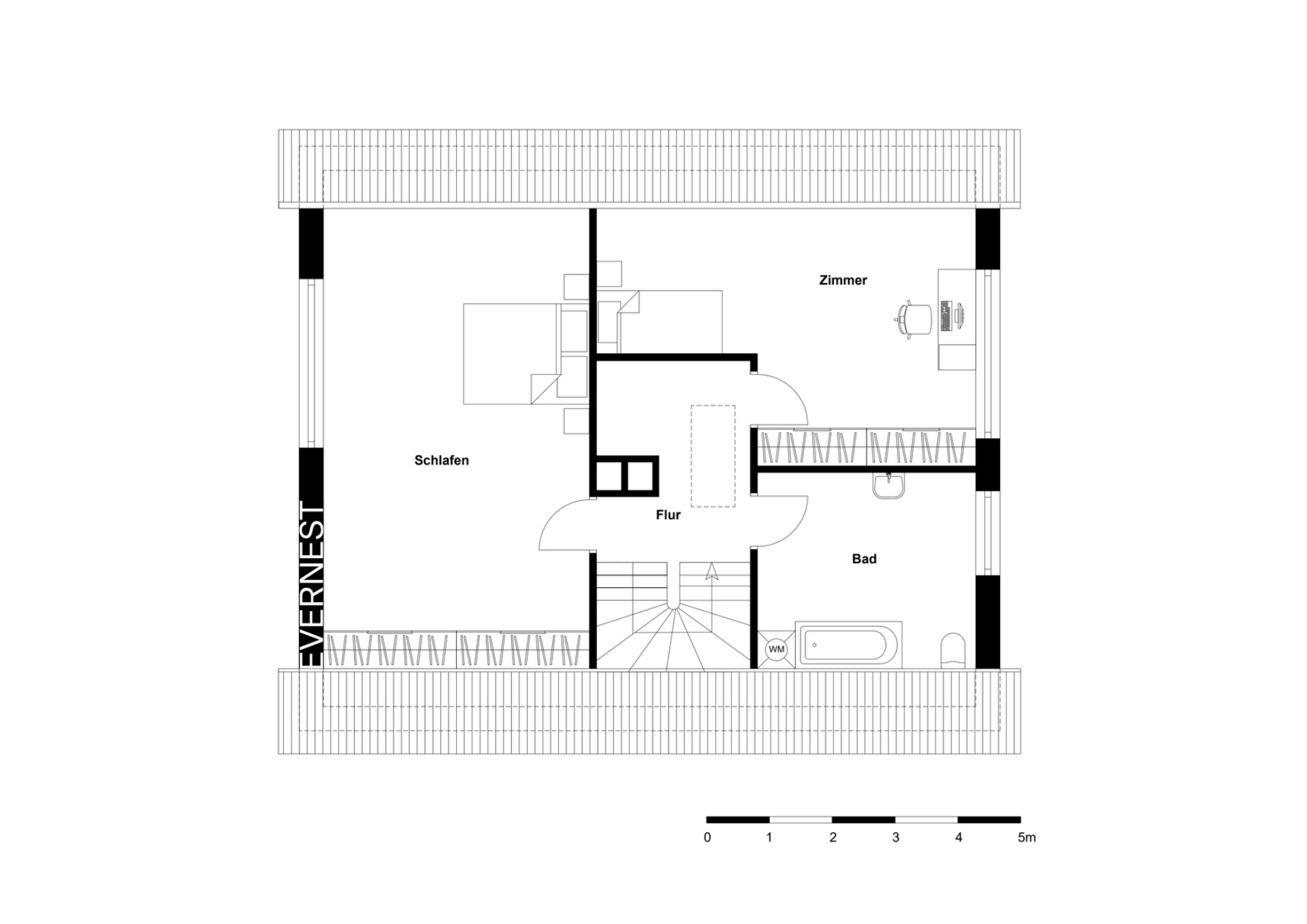 Grundriss mit Schlafzimmer, Zimmer, Bad und Flur, Treppe in der Mitte.