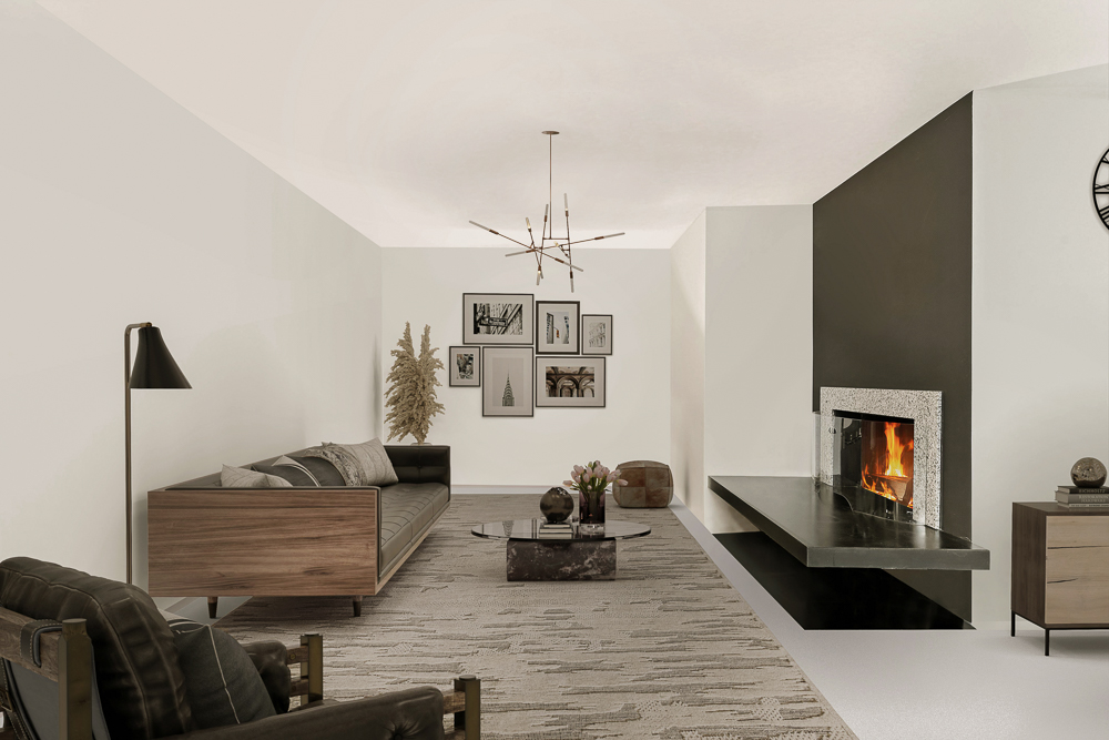 Modernes Wohnzimmer mit Sofa, Sessel, Kamin und Wandbildern.