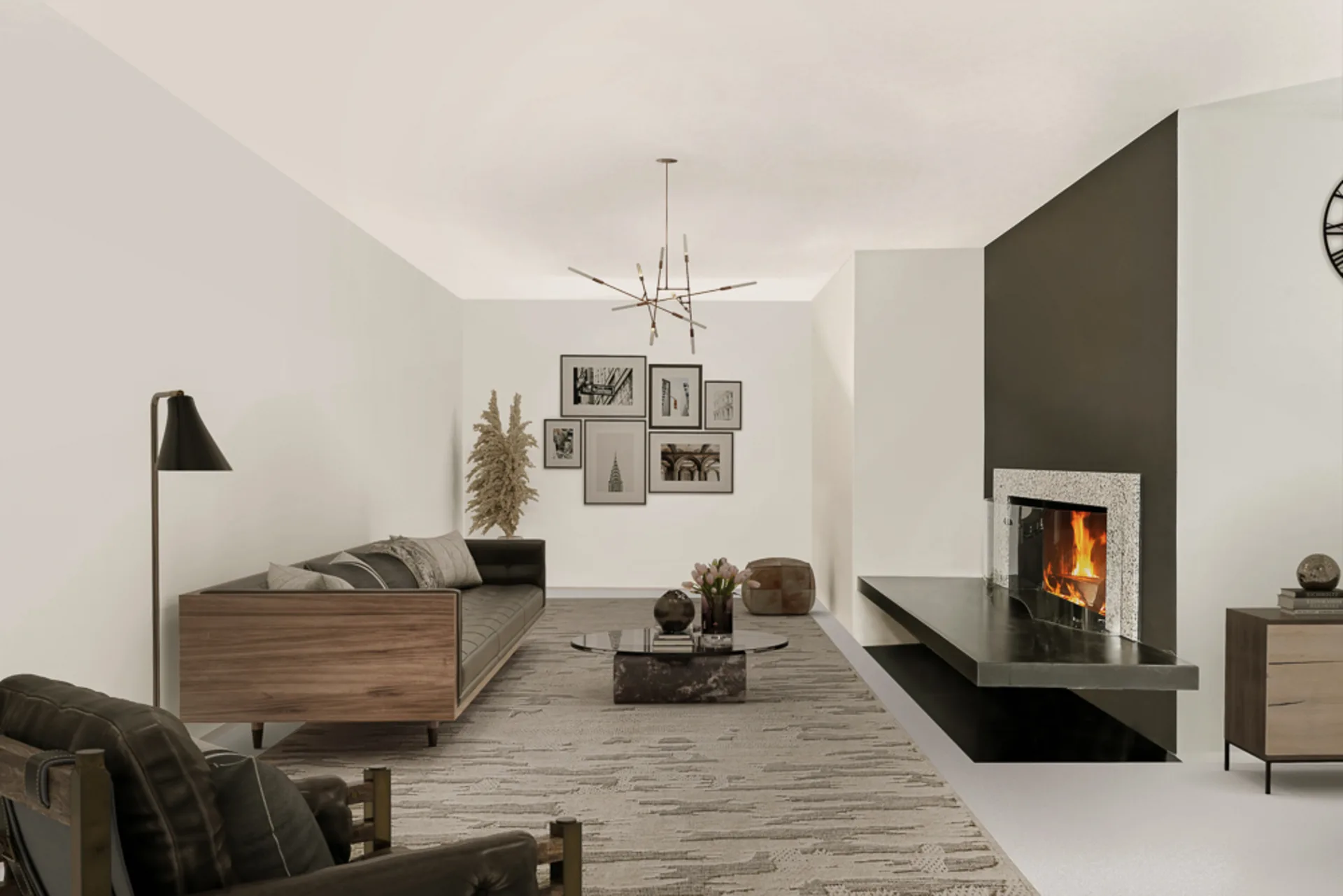 Modernes Wohnzimmer mit Sofa, Sessel, Kamin und Wandbildern.