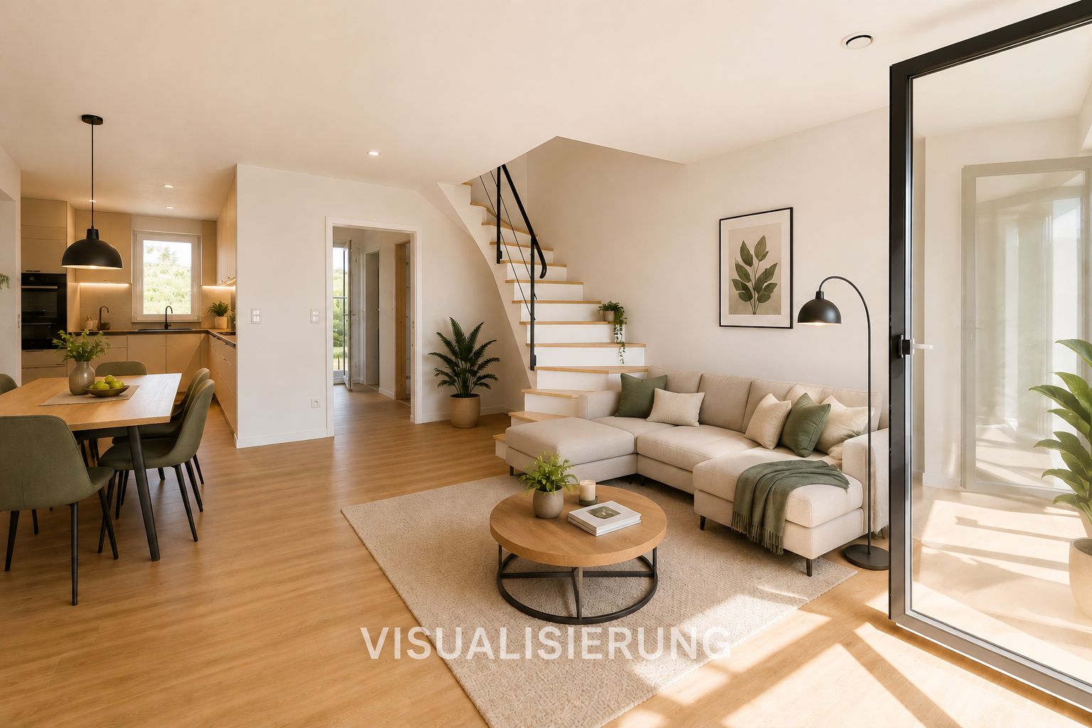 Helles Wohnzimmer mit Sofa, Rundtisch, Esstisch, Pflanzen und Treppe in modernem Stil.